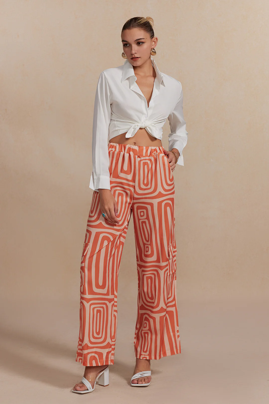 Solid Knot Shirt And Artistic Print Pants Set - Image 15