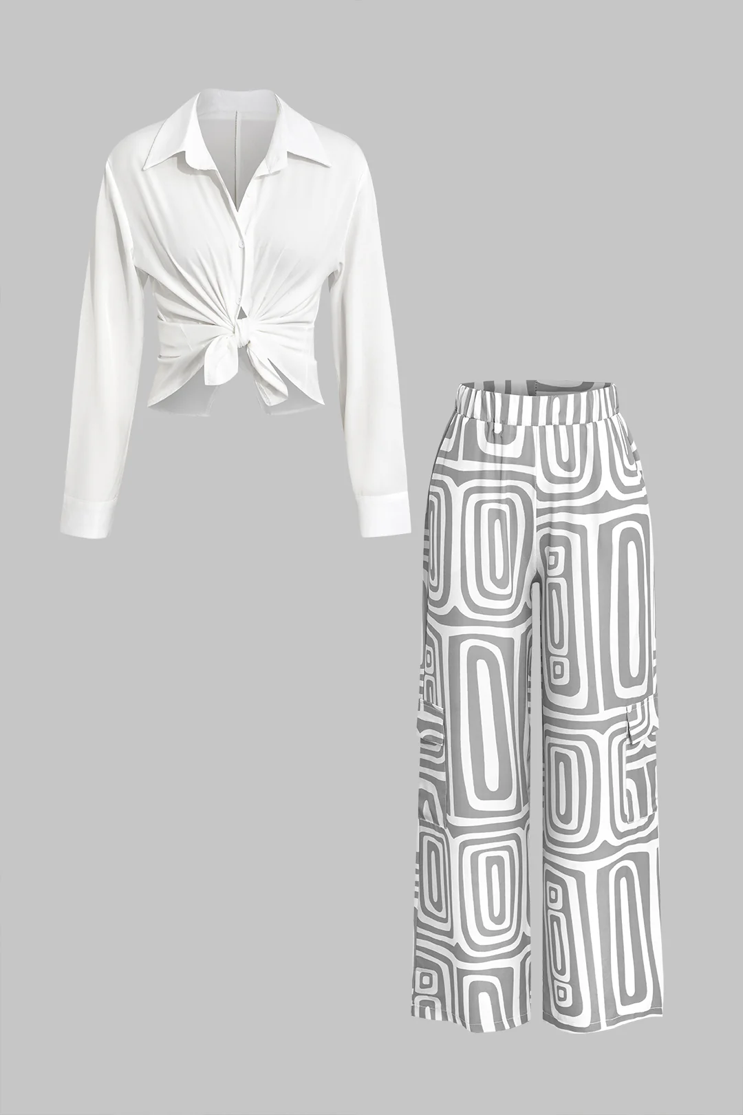 Solid Knot Shirt And Artistic Print Pants Set - Image 8