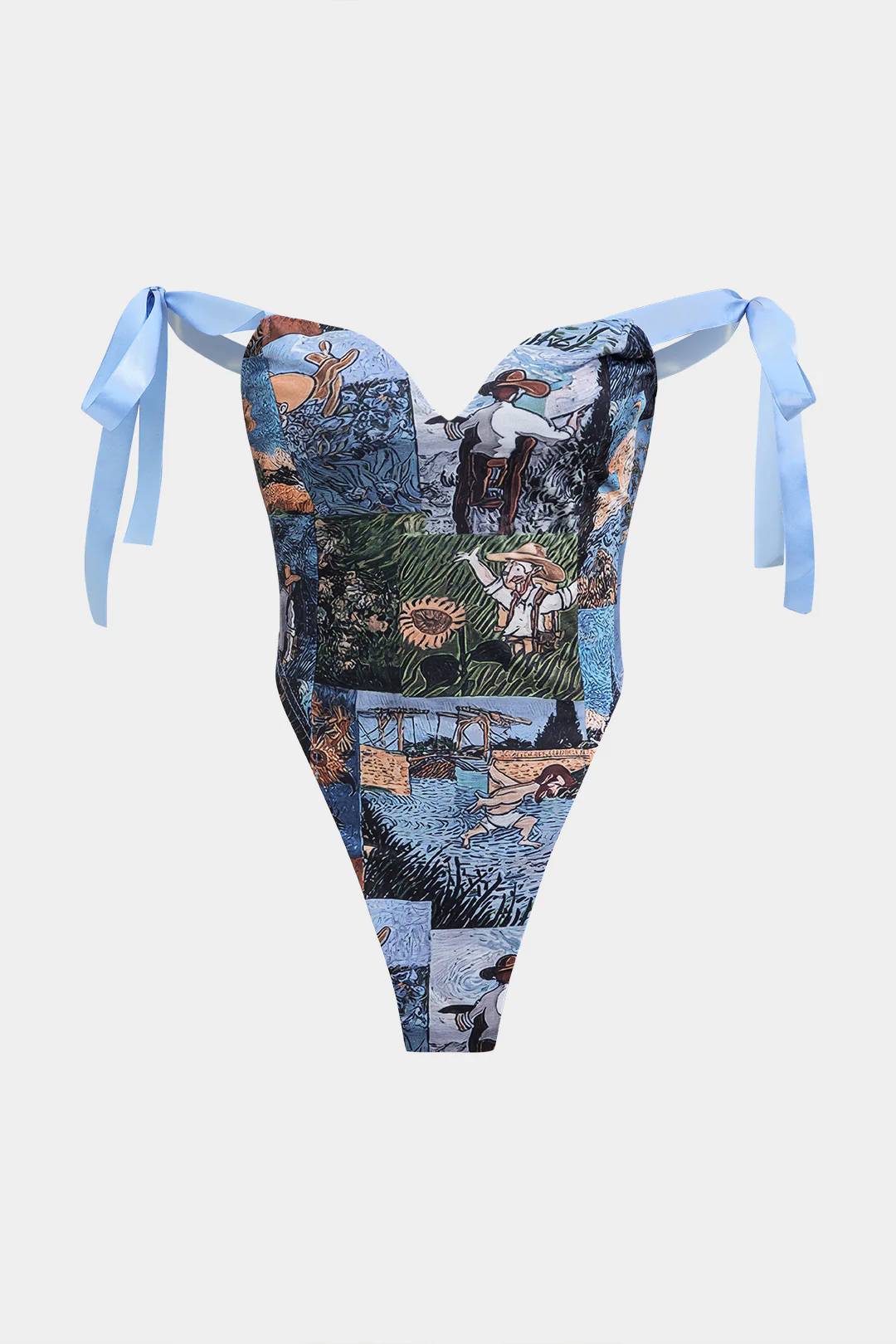 Oil Painting Pattern Drawstring Strappy Top And Pocket Trousers Set - Image 2