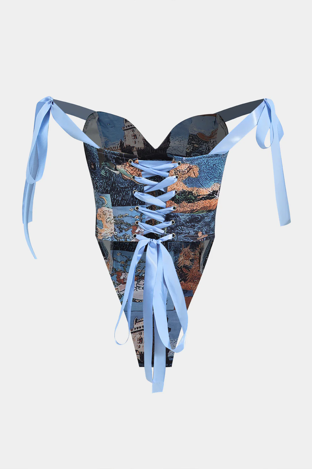 Oil Painting Pattern Drawstring Strappy Top And Pocket Trousers Set - Image 3