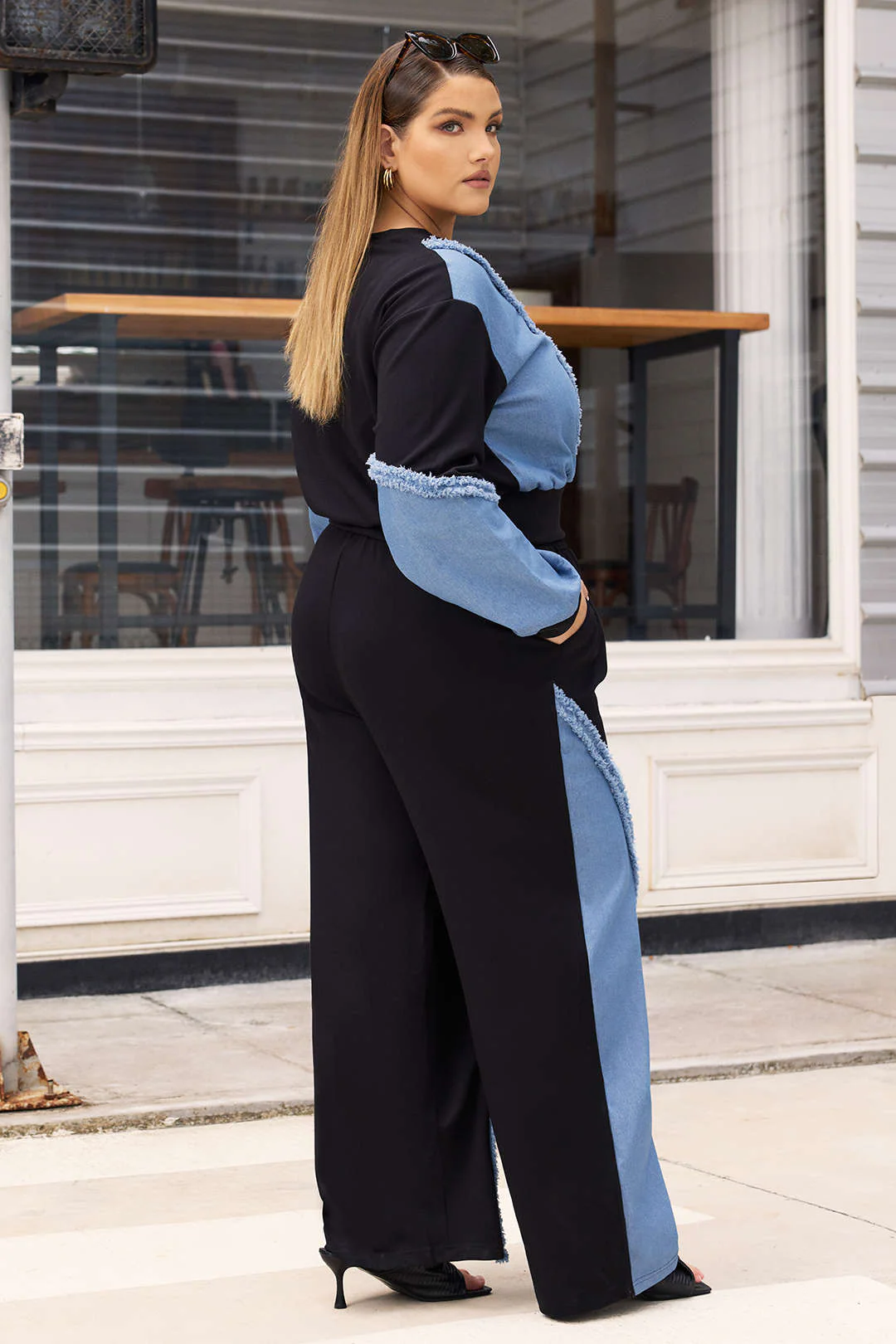 Plus Size Denim Patchwork Long-Sleeve Top And High Waist Wide Leg Trousers Set - Image 11