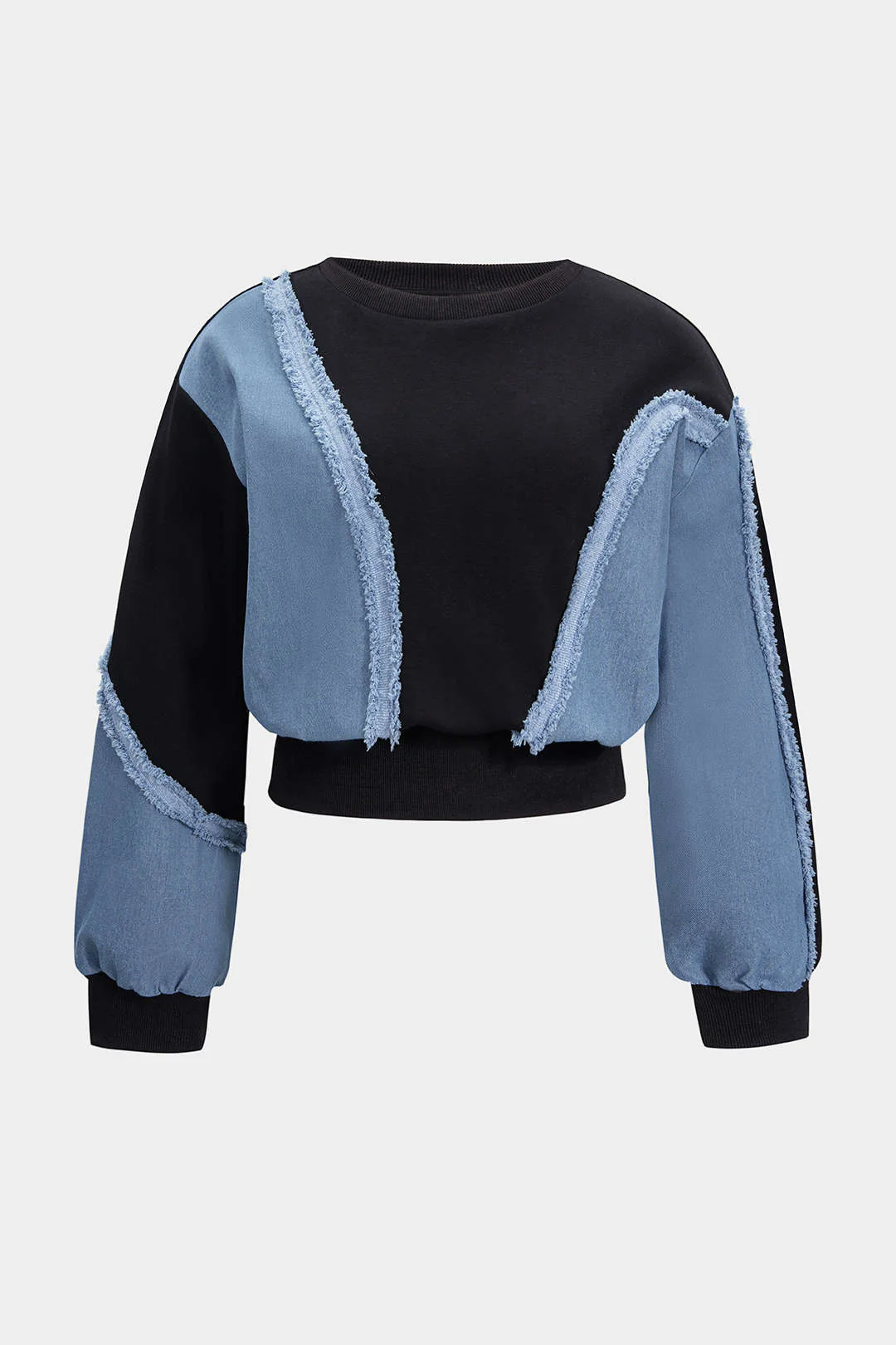 Plus Size Denim Patchwork Long-Sleeve Top And High Waist Wide Leg Trousers Set - Image 2