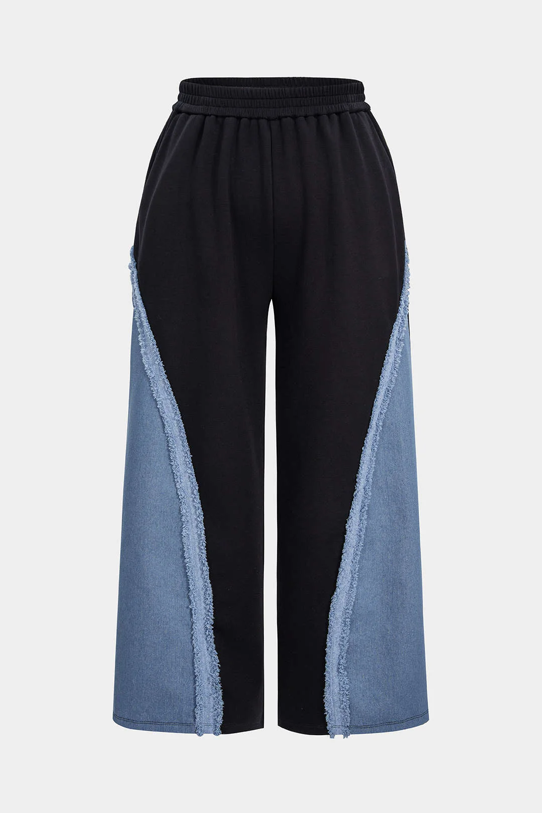 Plus Size Denim Patchwork Long-Sleeve Top And High Waist Wide Leg Trousers Set - Image 4