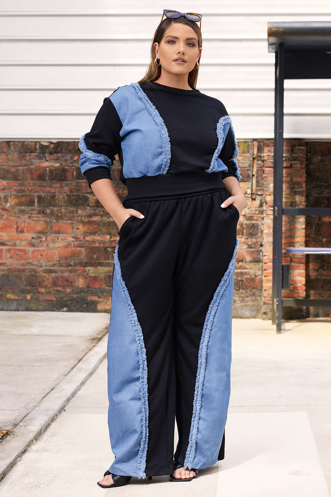 Plus Size Denim Patchwork Long-Sleeve Top And High Waist Wide Leg Trousers Set - Image 7