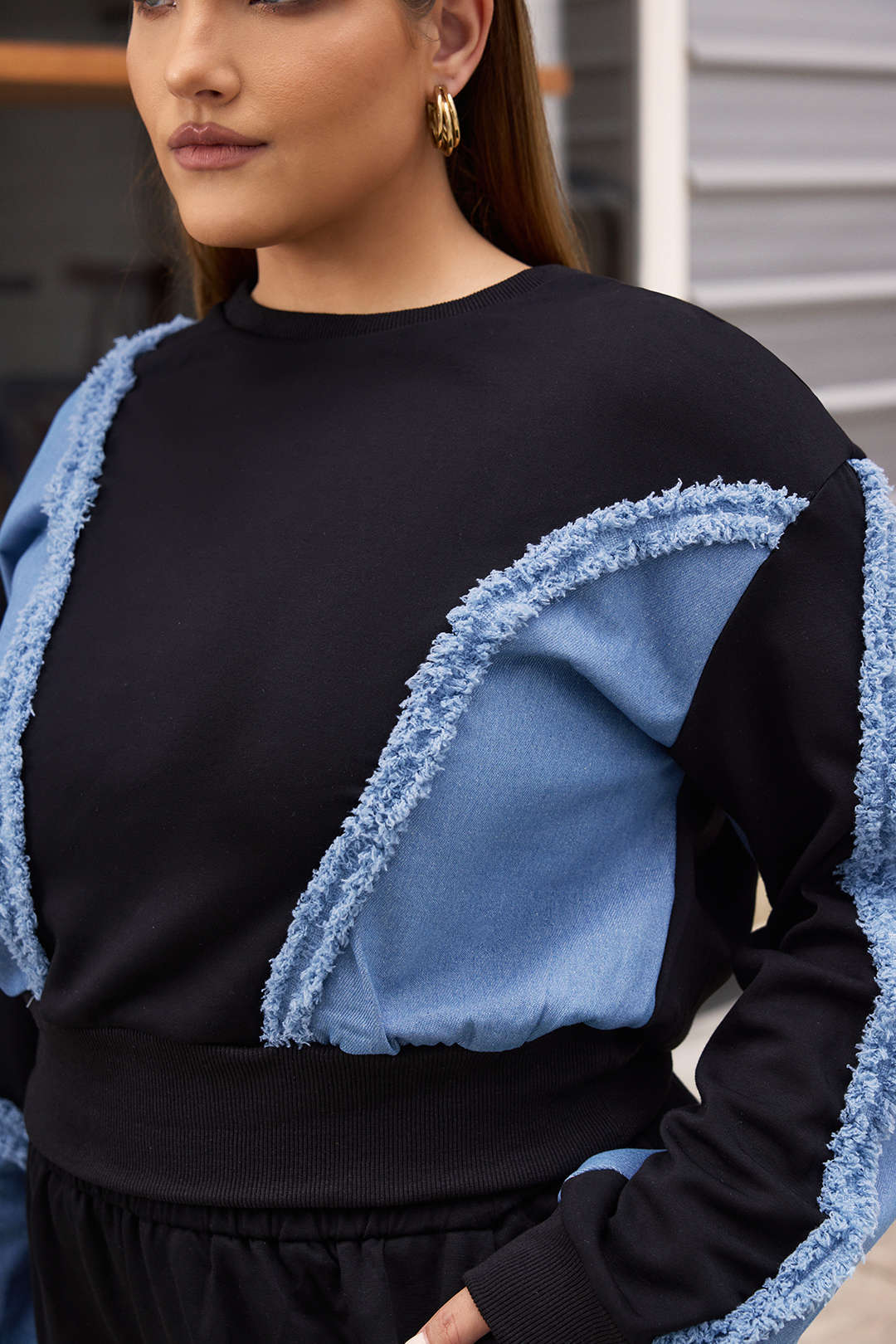 Plus Size Denim Patchwork Long-Sleeve Top And High Waist Wide Leg Trousers Set - Image 9