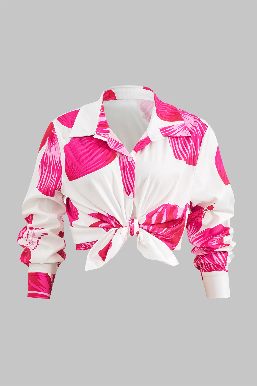 Plus Size Floral Print Button Knot Long Sleeve Shirt And High Waist Trousers Set - Image 2