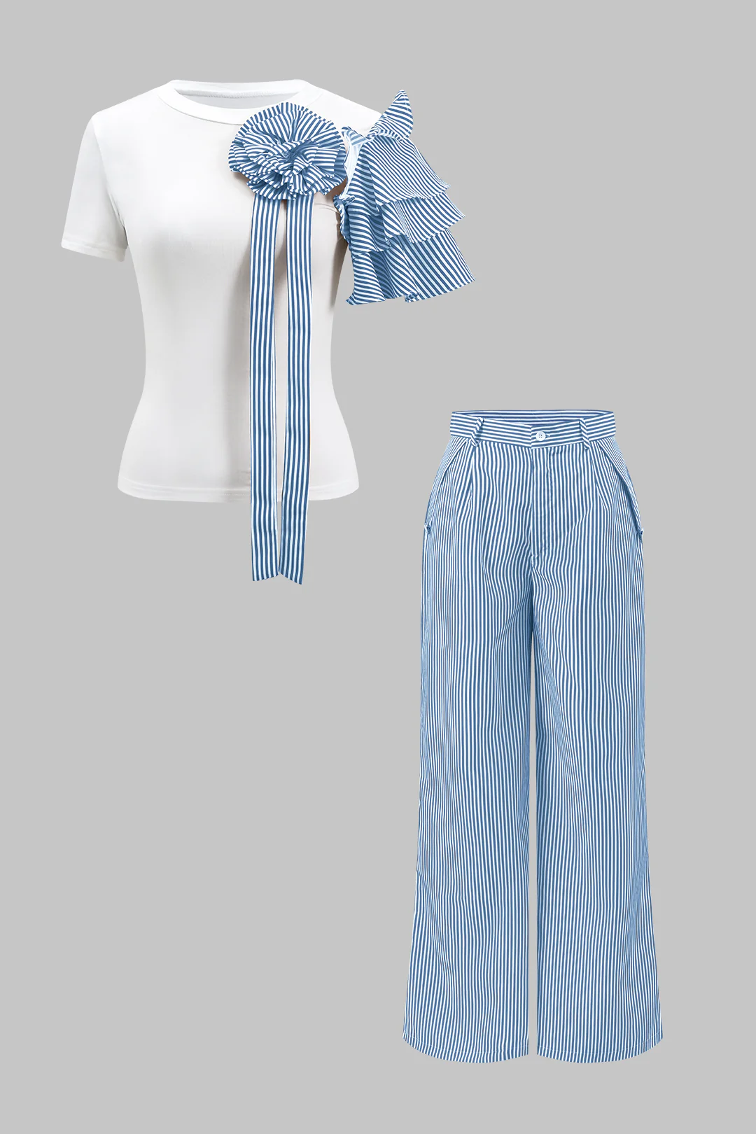 Stripe Print 3D Floral Short Sleeve Top And Button Wide Leg Trousers Set - Image 6