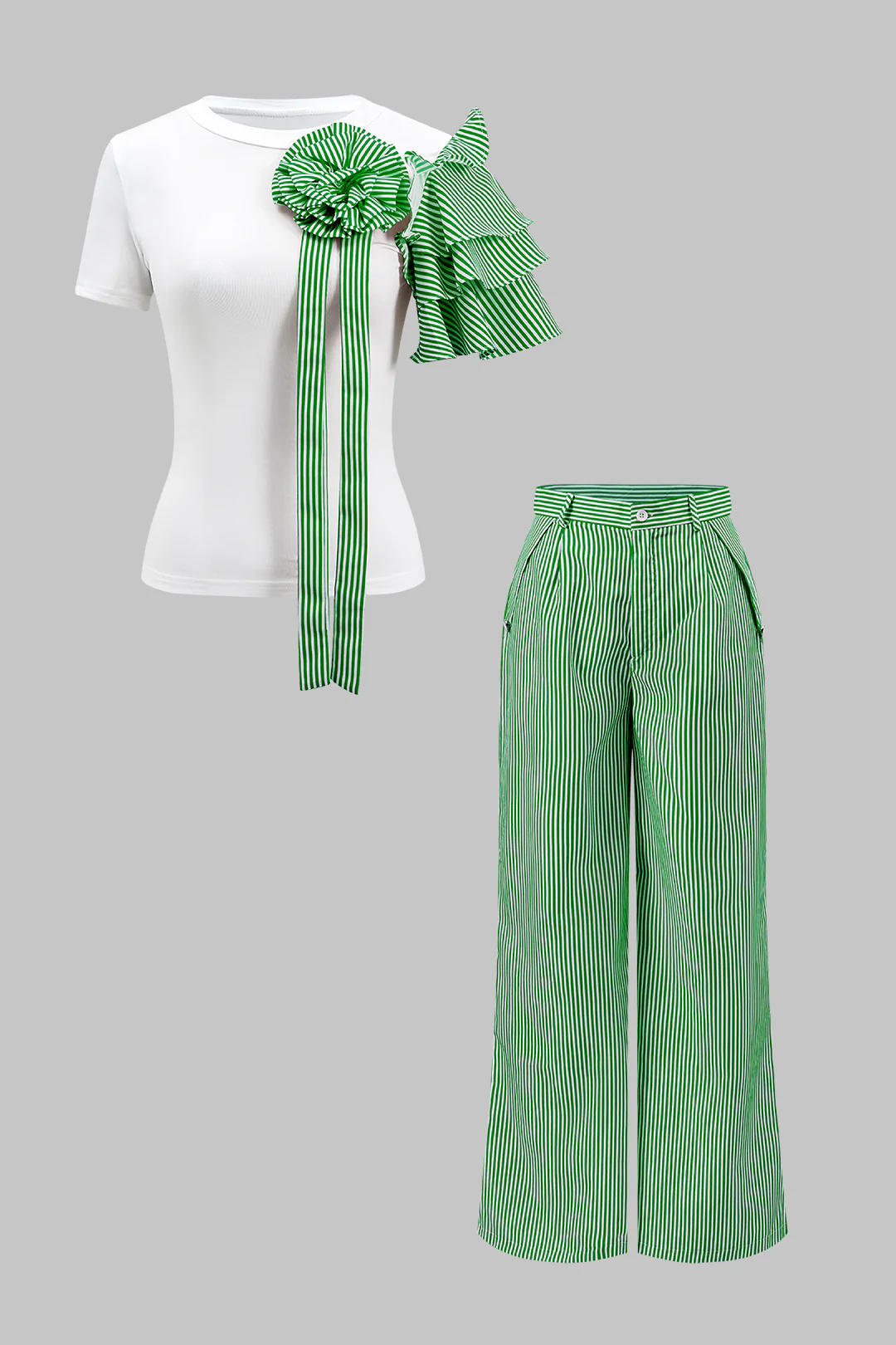 Stripe Print 3D Floral Short Sleeve Top And Button Wide Leg Trousers Set - Image 7