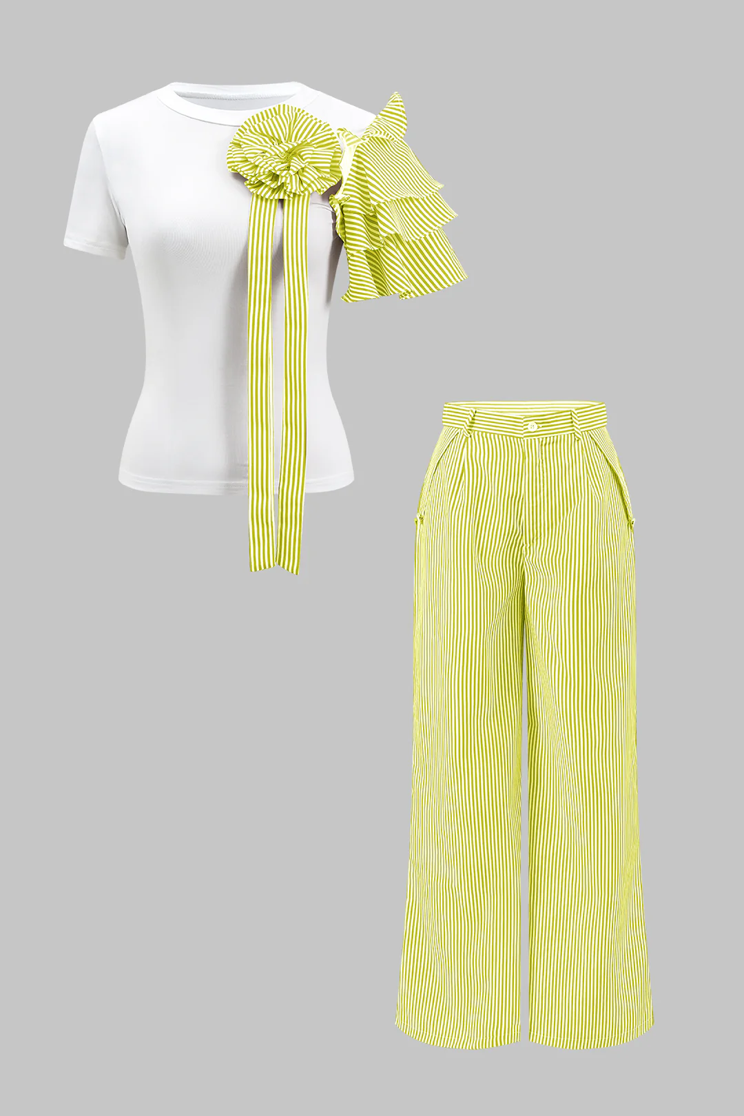 Stripe Print 3D Floral Short Sleeve Top And Button Wide Leg Trousers Set - Image 8