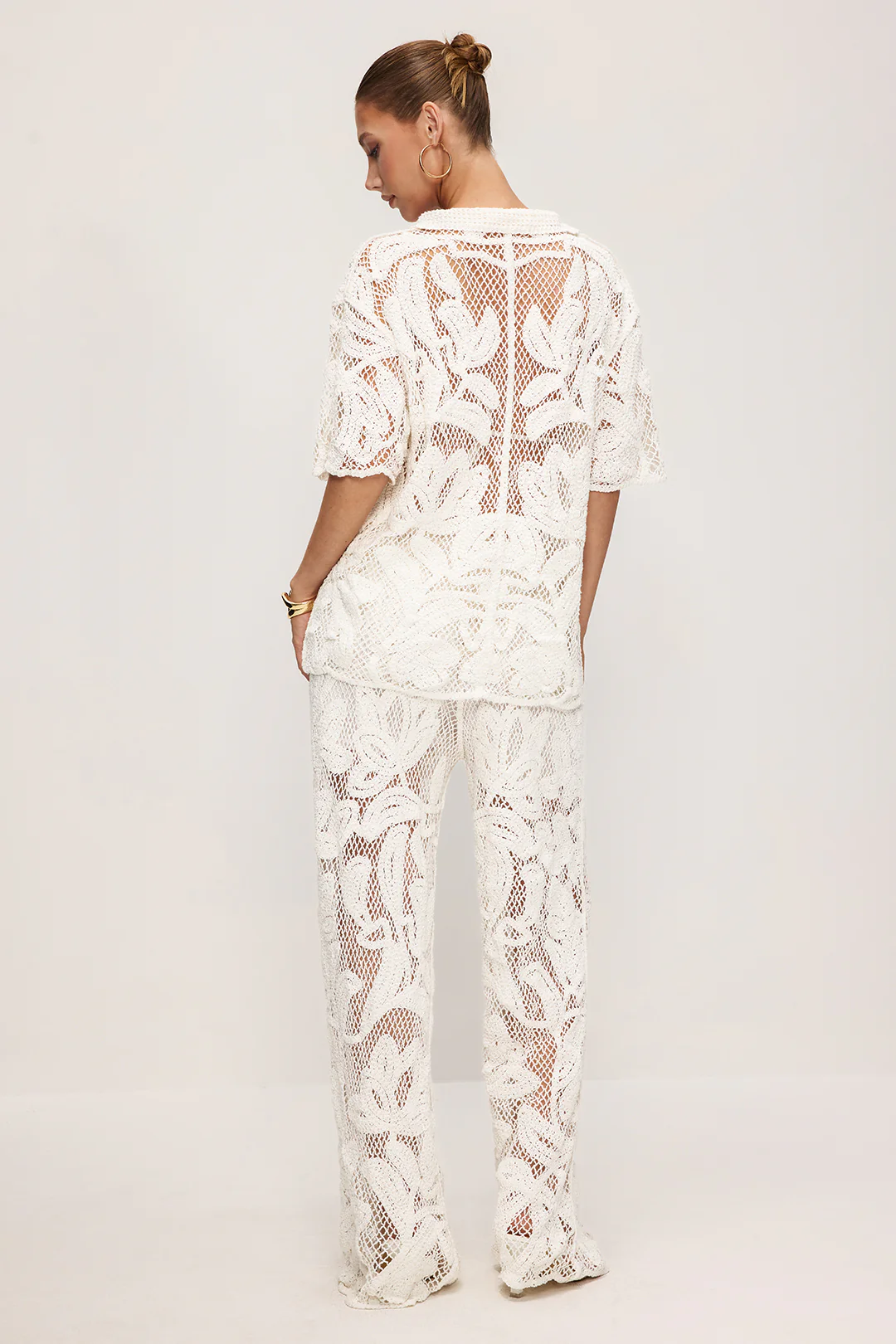 Knit Hollw Out V-Neck Short Sleeve Top And Wide Leg Pants Set - Image 2