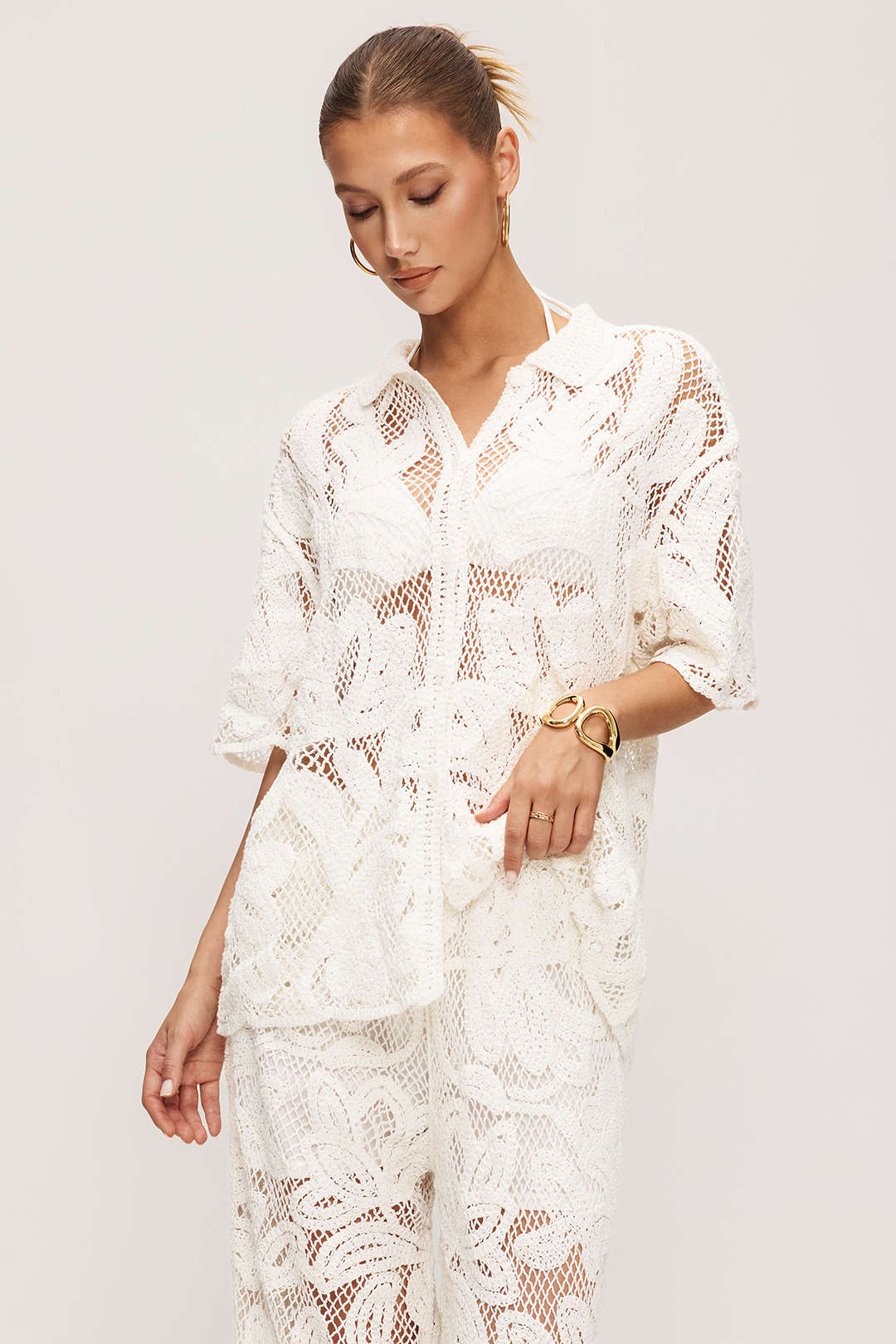 Knit Hollw Out V-Neck Short Sleeve Top And Wide Leg Pants Set - Image 3