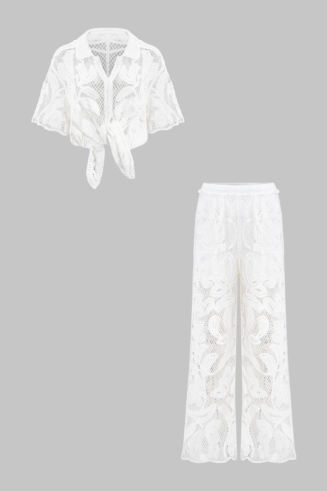Knit Hollw Out V-Neck Short Sleeve Top And Wide Leg Pants Set - Image 5