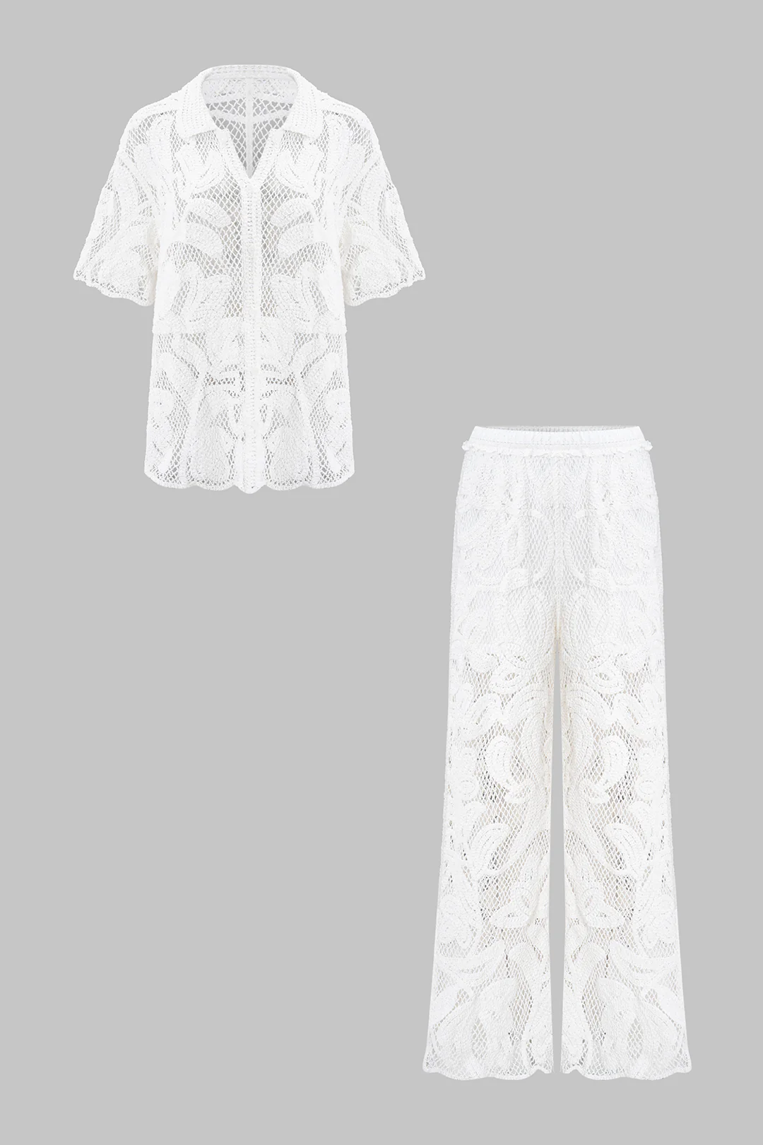 Knit Hollw Out V-Neck Short Sleeve Top And Wide Leg Pants Set - Image 6