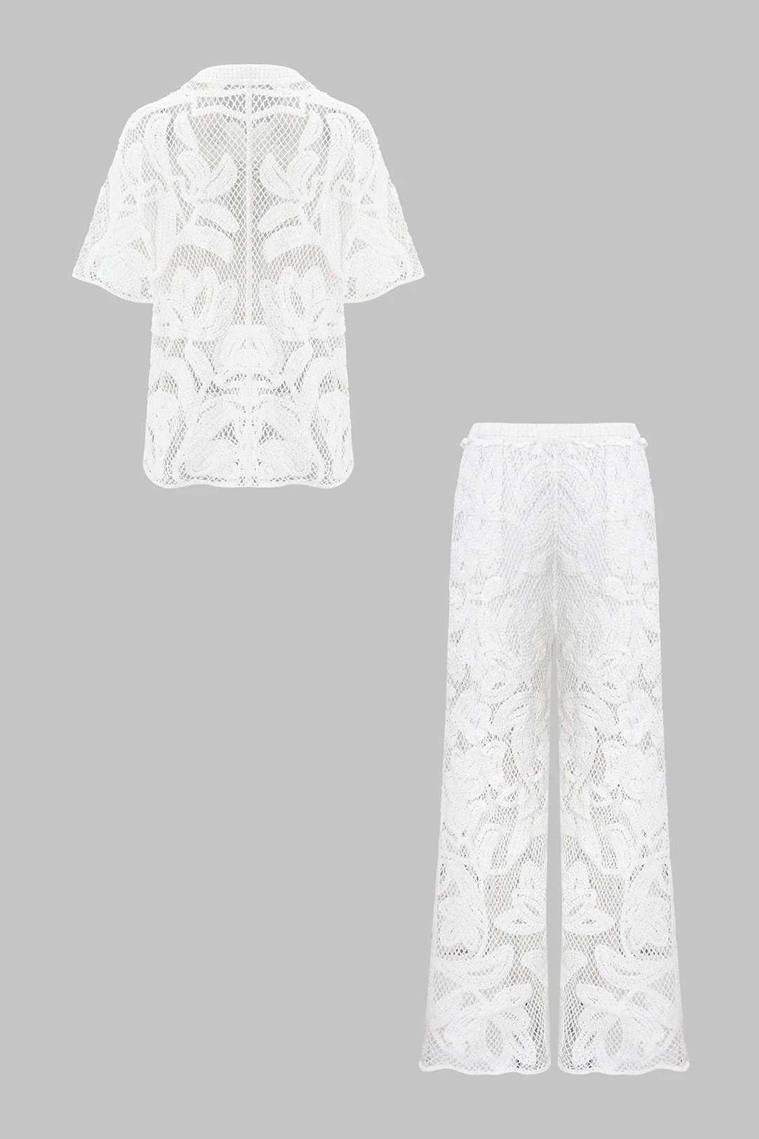 Knit Hollw Out V-Neck Short Sleeve Top And Wide Leg Pants Set - Image 7