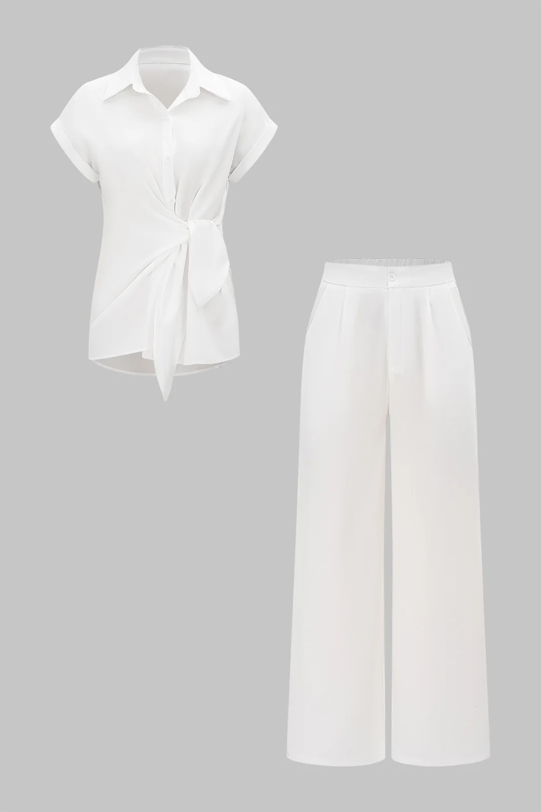 Asymmetrical Tie Front Long-Sleeve Shirt And Pants Set - Image 5