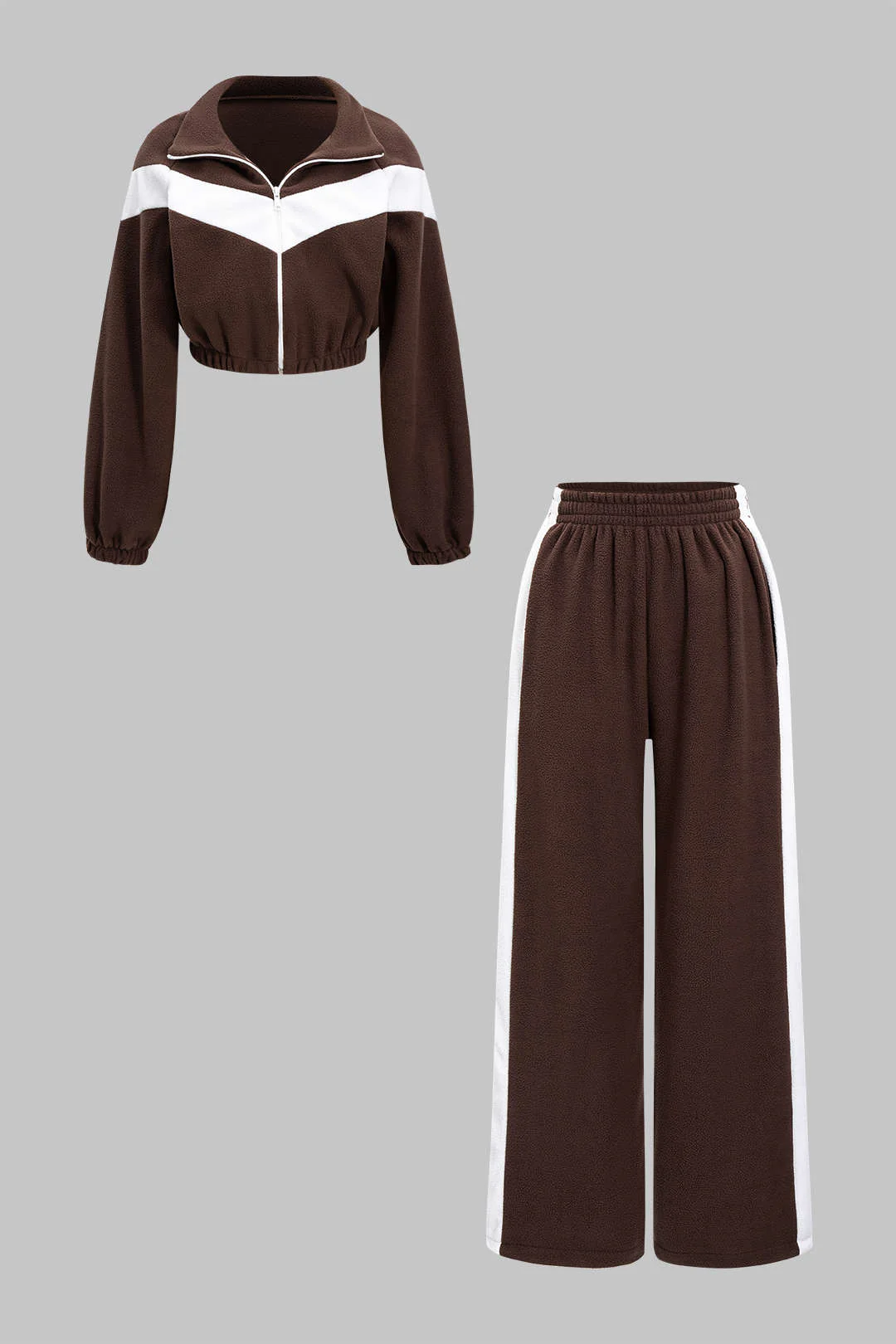 Contrast Ruched Zipper Sweatshirt And Shirred Waistband Pants Set - Image 2