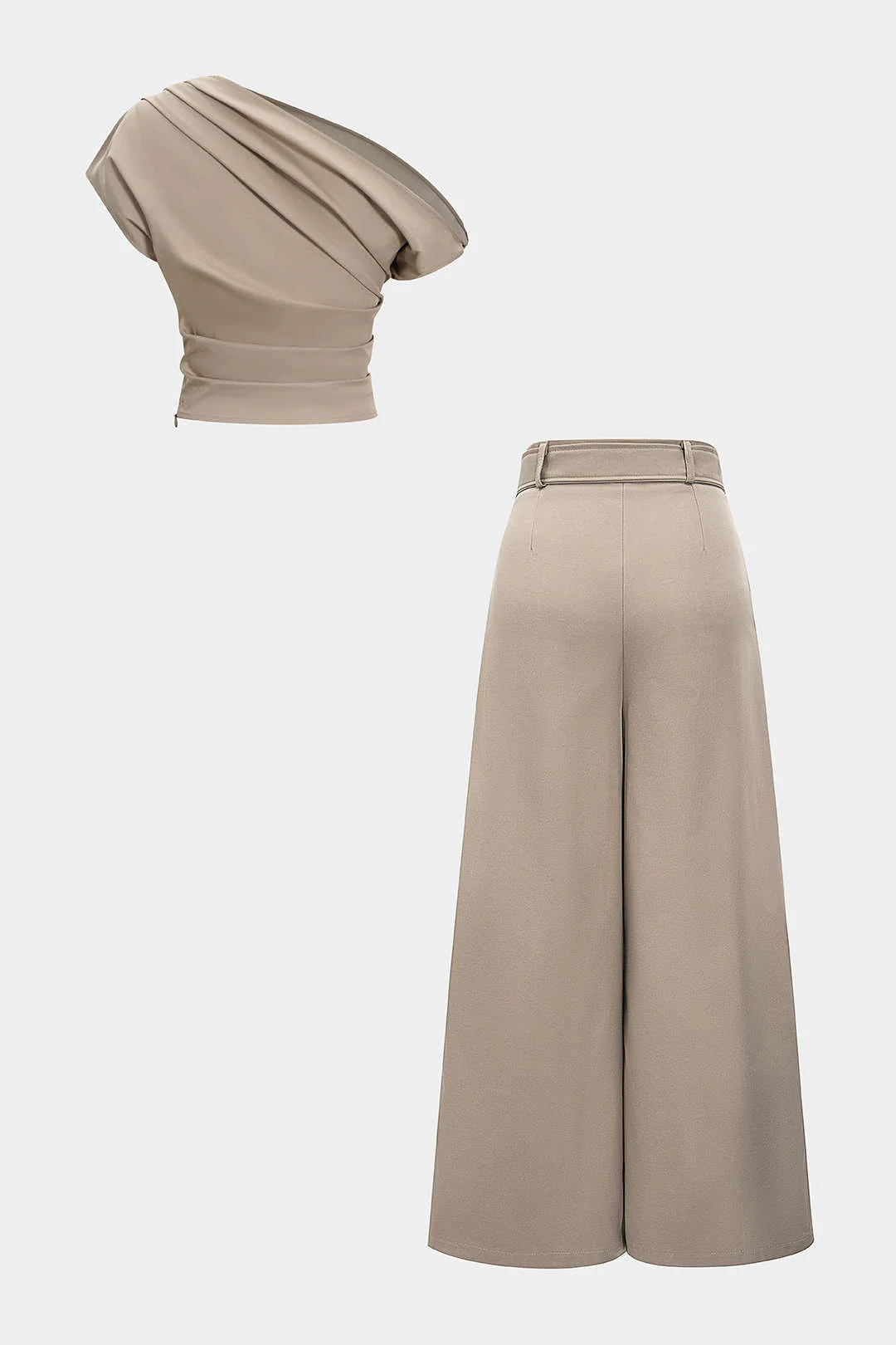 Ruched Asymmetrical Top And Belted Wide Leg Trousers Set - Image 2