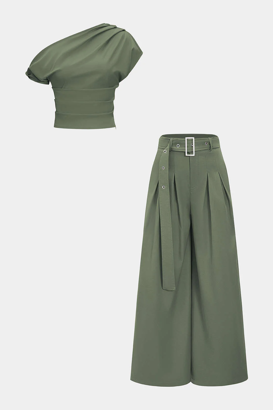 Ruched Asymmetrical Top And Belted Wide Leg Trousers Set - Image 5