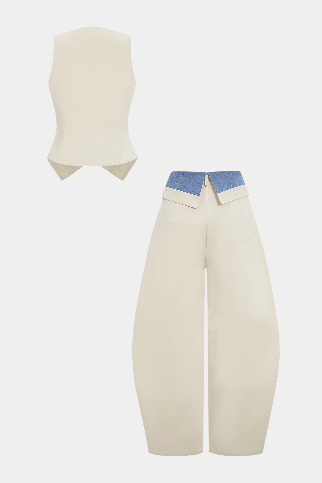 Denim Button Vest And Contrast Drawstring Barrel Trousers Set - Image 2