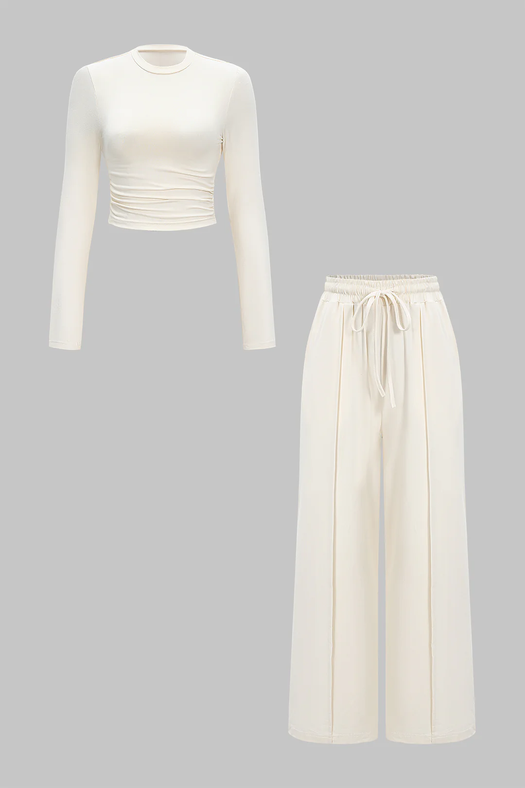 Ruched Long-Sleeve Top And Tie-Up High Waist Wide Leg Trousers Set
