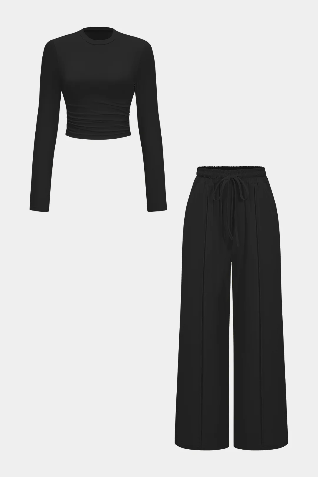 Ruched Long-Sleeve Top And Tie-Up High Waist Wide Leg Trousers Set - Image 10