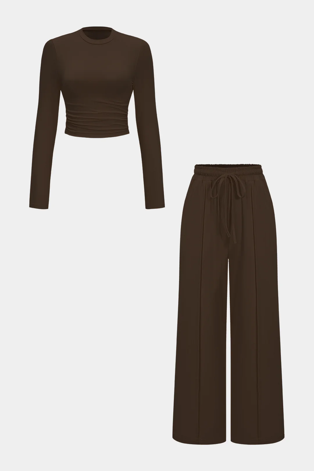 Ruched Long-Sleeve Top And Tie-Up High Waist Wide Leg Trousers Set - Image 11