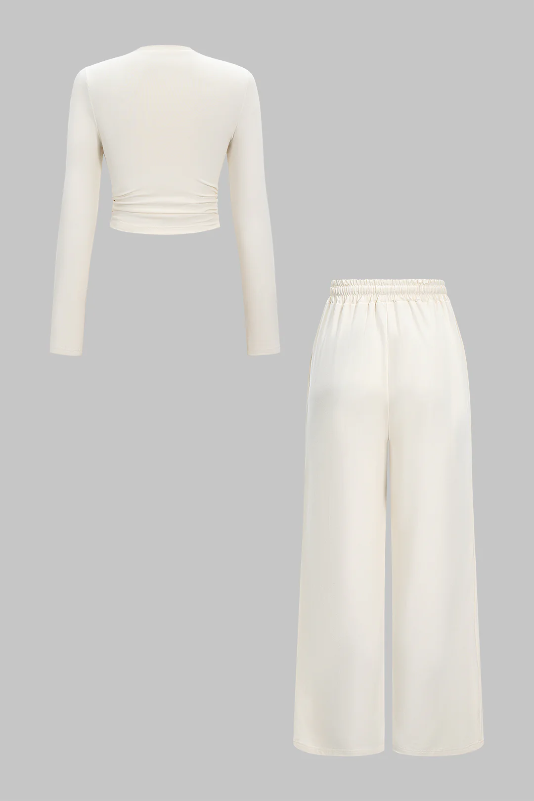 Ruched Long-Sleeve Top And Tie-Up High Waist Wide Leg Trousers Set - Image 2