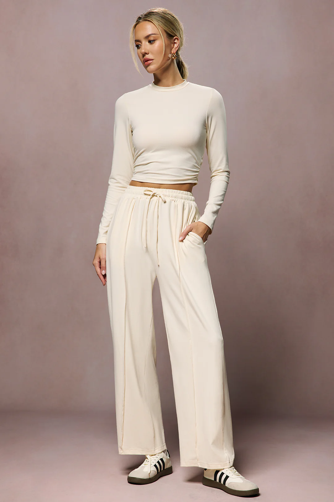 Ruched Long-Sleeve Top And Tie-Up High Waist Wide Leg Trousers Set - Image 5