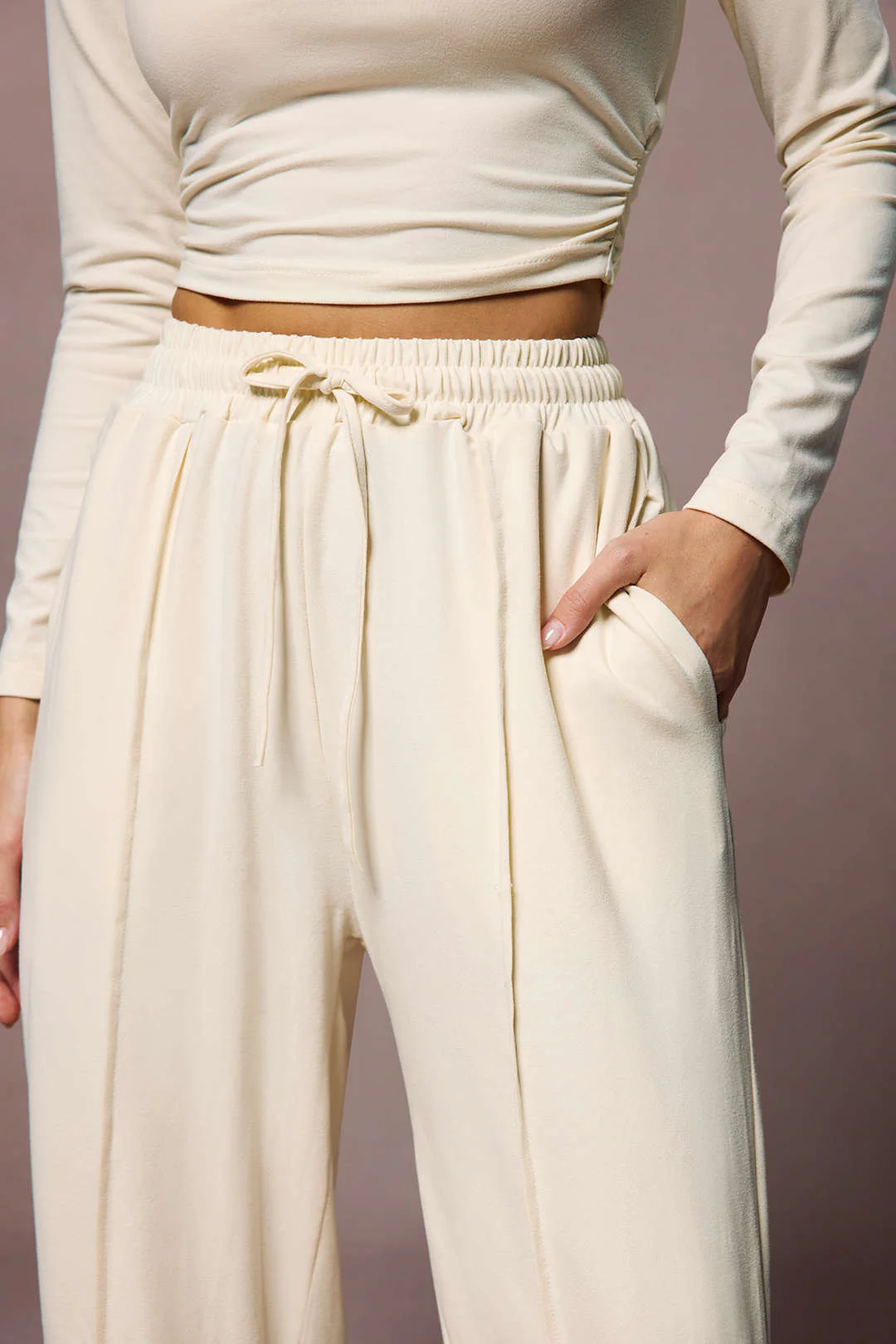 Ruched Long-Sleeve Top And Tie-Up High Waist Wide Leg Trousers Set - Image 7