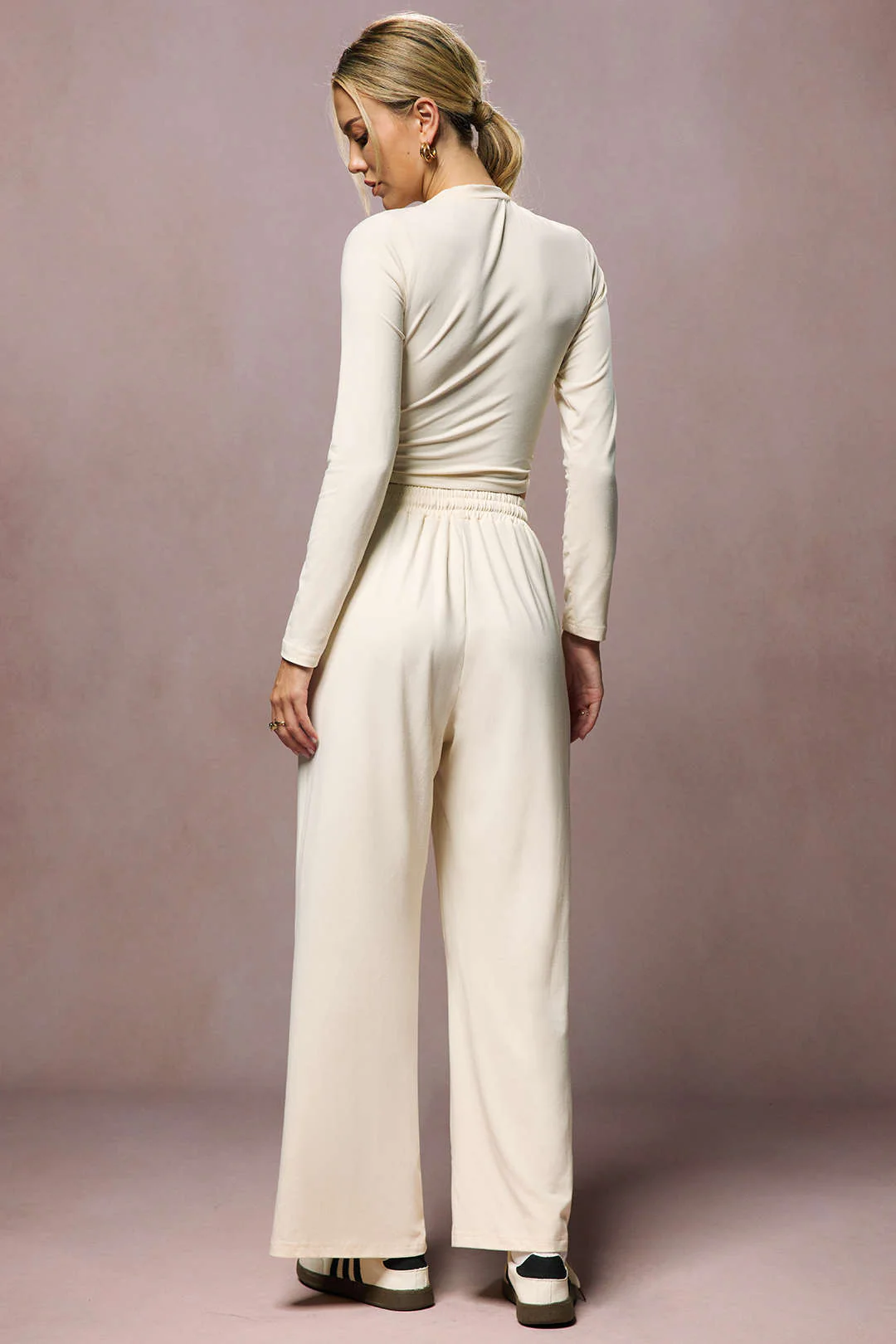 Ruched Long-Sleeve Top And Tie-Up High Waist Wide Leg Trousers Set - Image 8