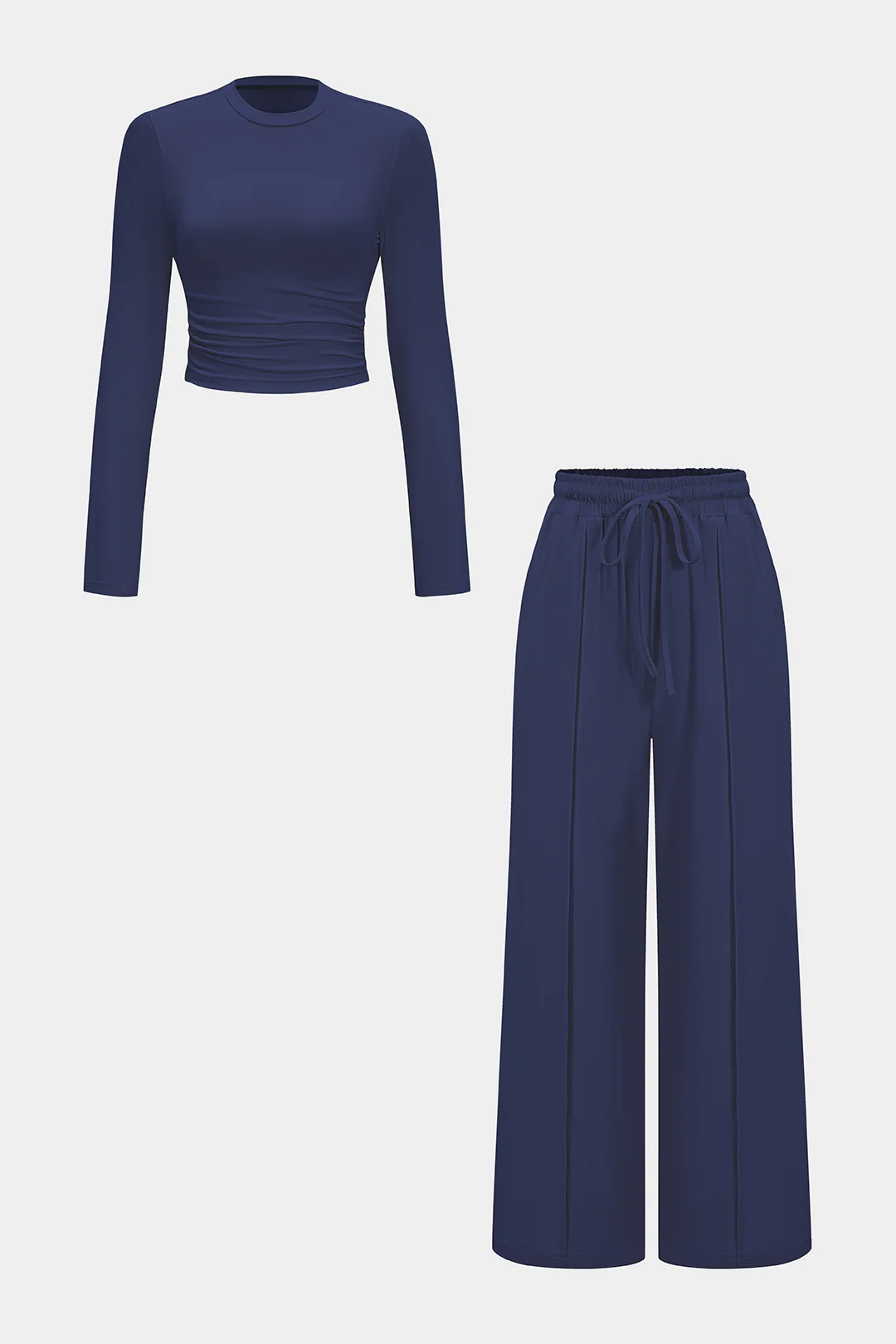Ruched Long-Sleeve Top And Tie-Up High Waist Wide Leg Trousers Set - Image 9
