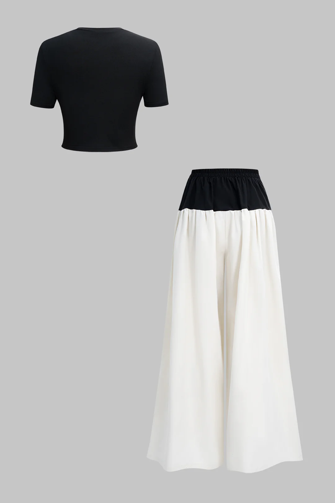 Solid Short-Sleeve T-Shirt And Contrast Ruched Wide Leg Trousers Set - Image 2