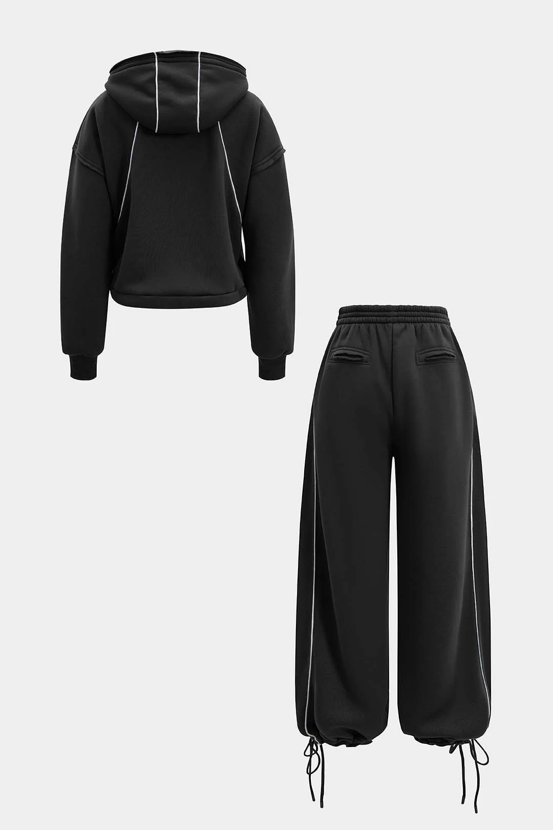 Drawstring Zipper Hoodie And Straight Leg Tie-Up Trousers Set - Image 2