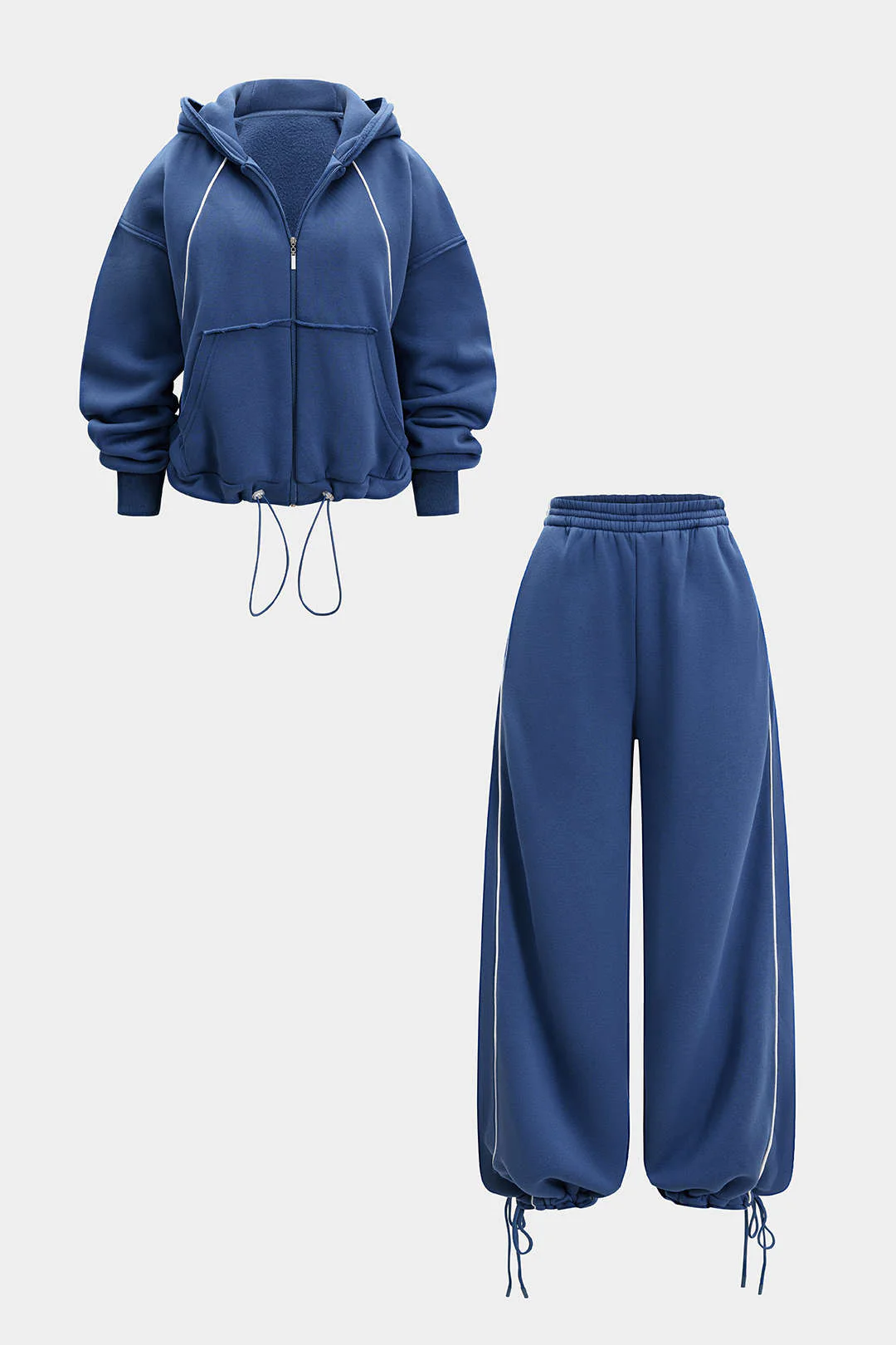 Drawstring Zipper Hoodie And Straight Leg Tie-Up Trousers Set - Image 6