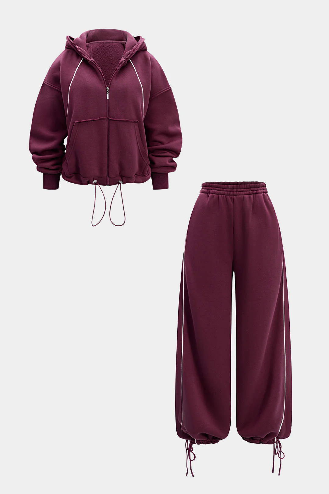 Drawstring Zipper Hoodie And Straight Leg Tie-Up Trousers Set - Image 7