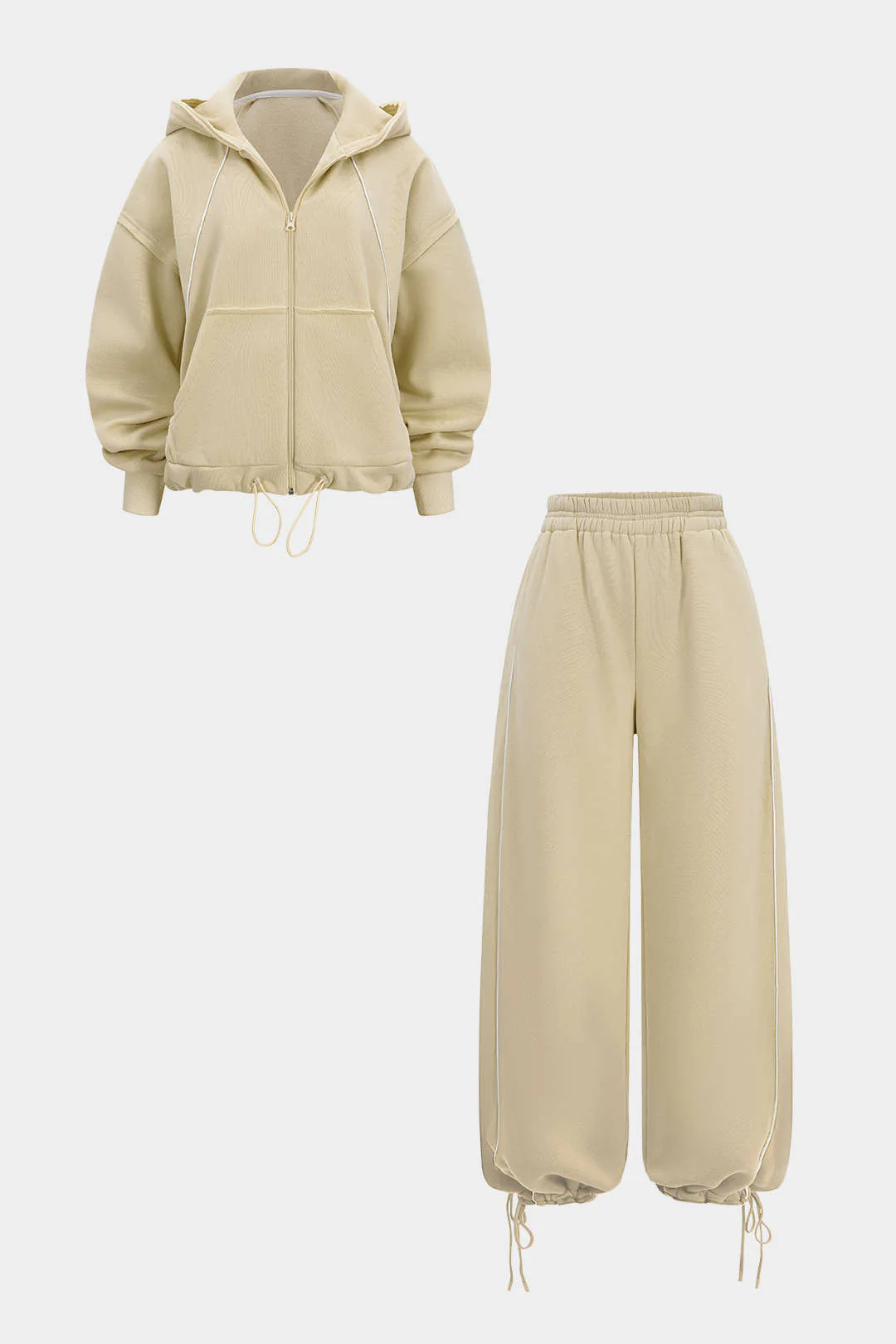 Drawstring Zipper Hoodie And Straight Leg Tie-Up Trousers Set - Image 9