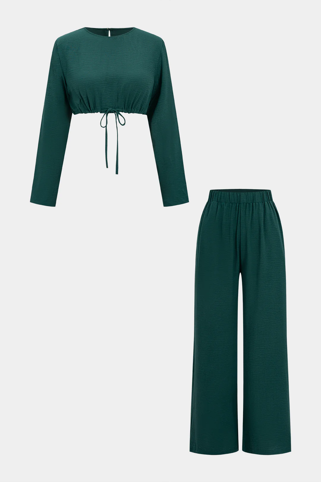 Tie-Up V-Neck Long-Sleeve Top And Wide Leg Trousers Set