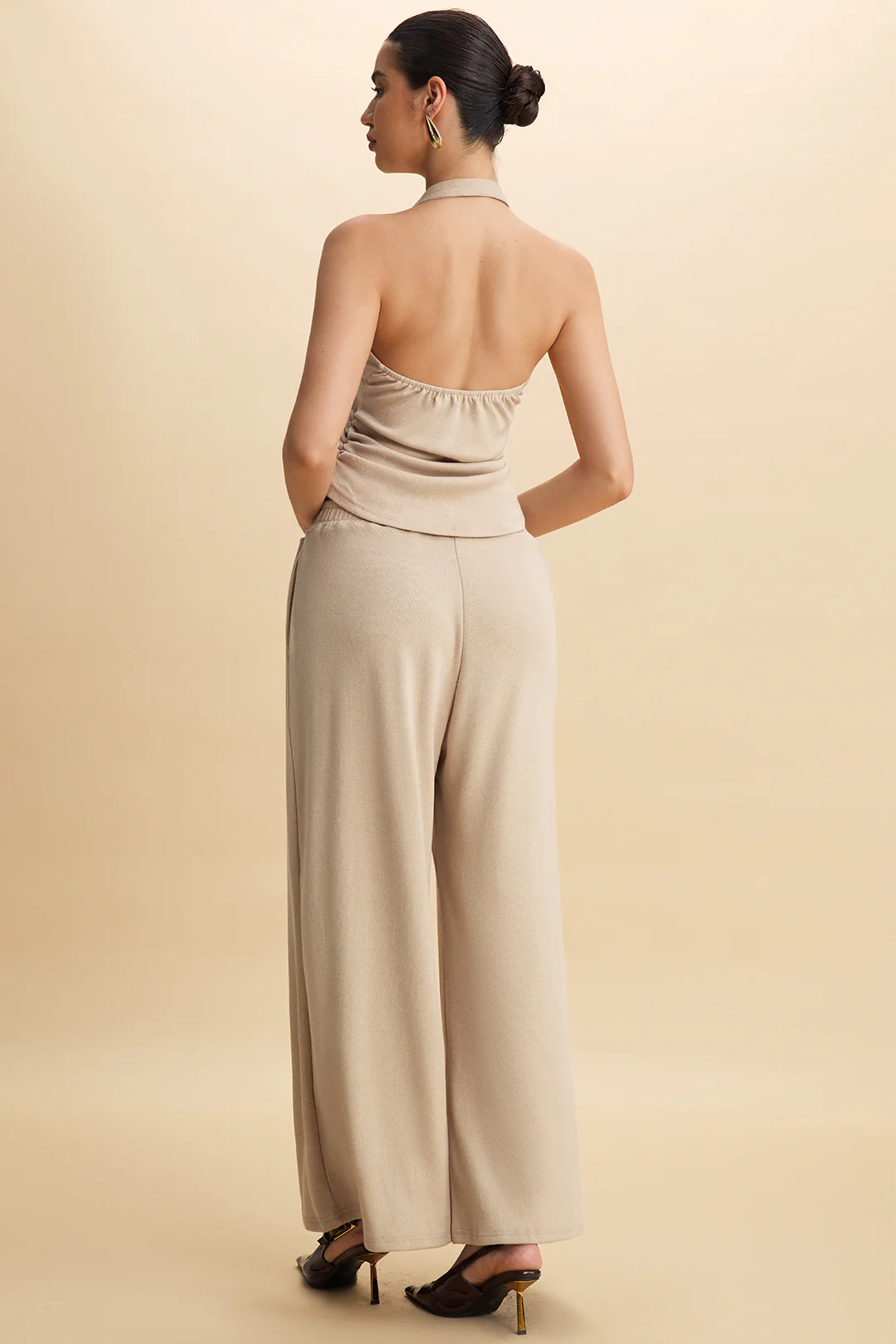 Solid Long Cardigan And Halter Neck Ruched Cami Top And Wide Leg Trousers Set - Image 3