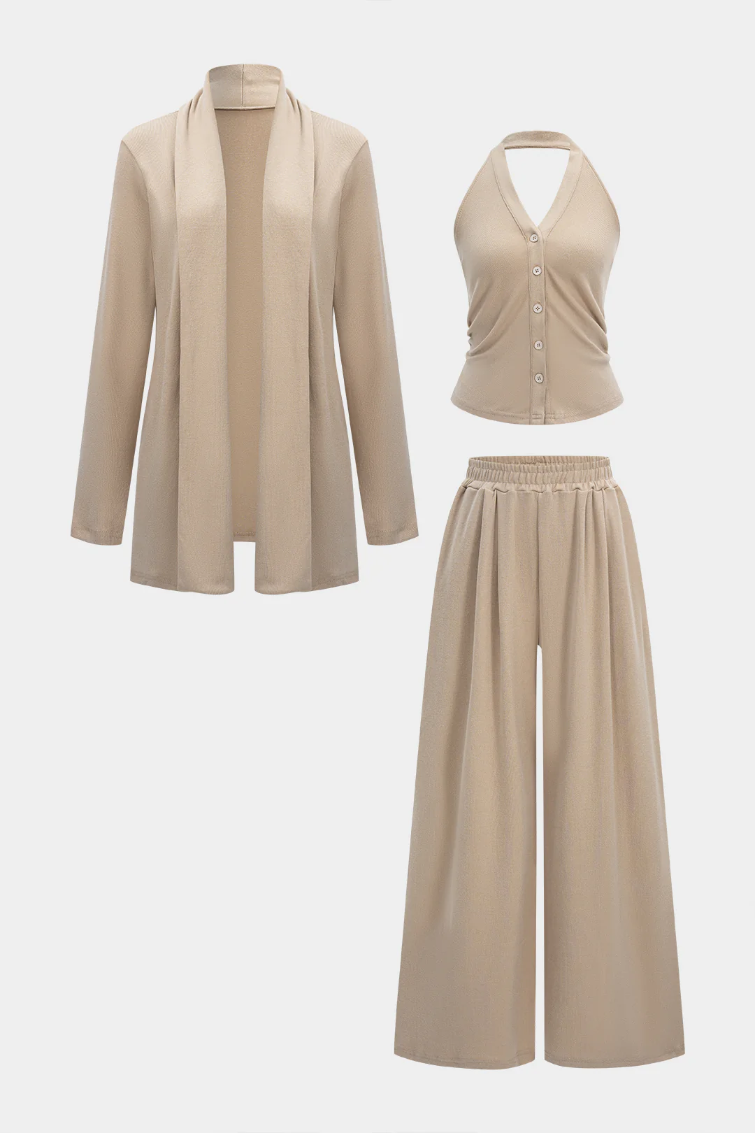 Solid Long Cardigan And Halter Neck Ruched Cami Top And Wide Leg Trousers Set - Image 6