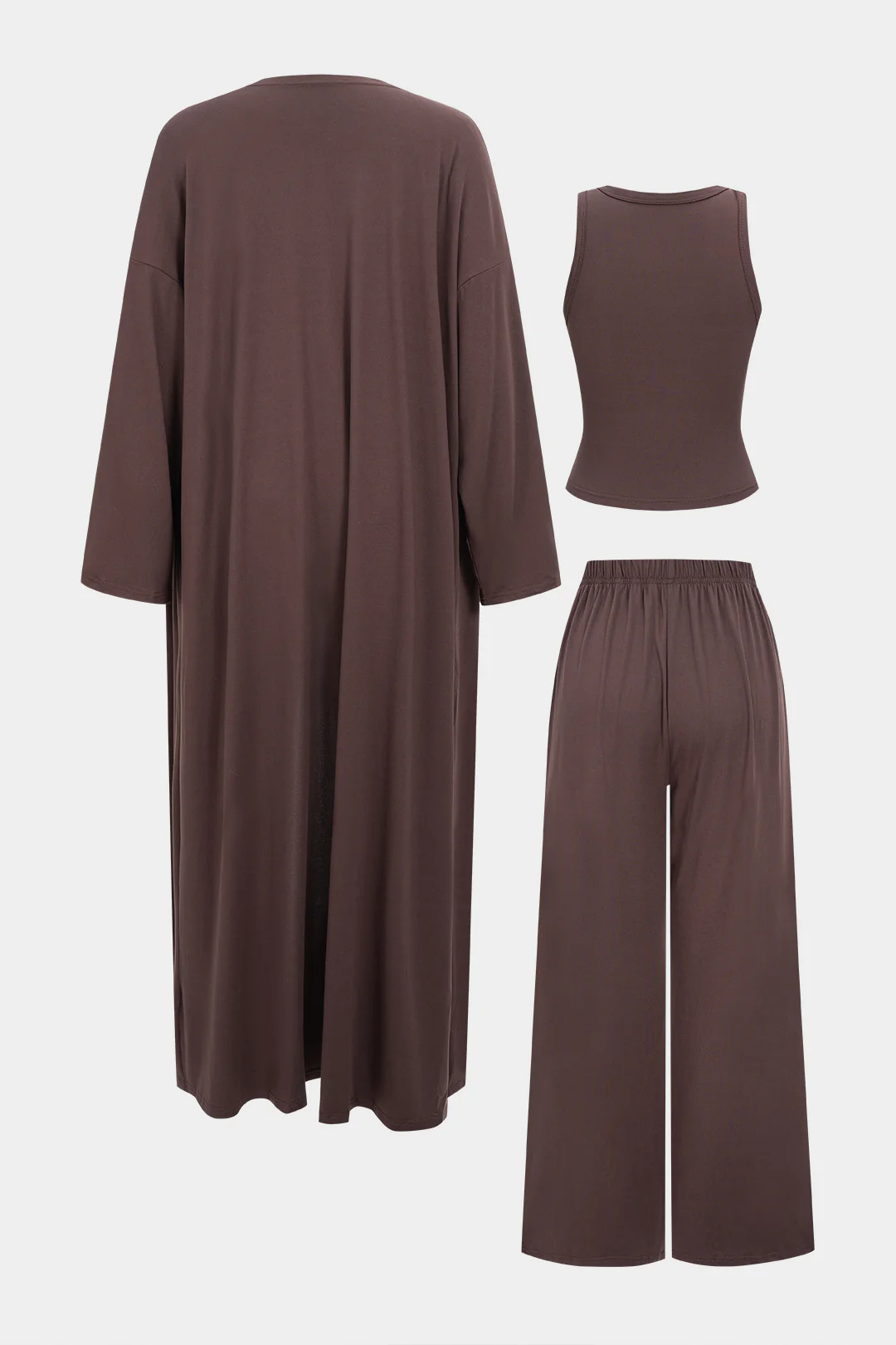 Knit Basic Tank Top And Long Cardigan And Wide Leg Trousers Set - Image 2