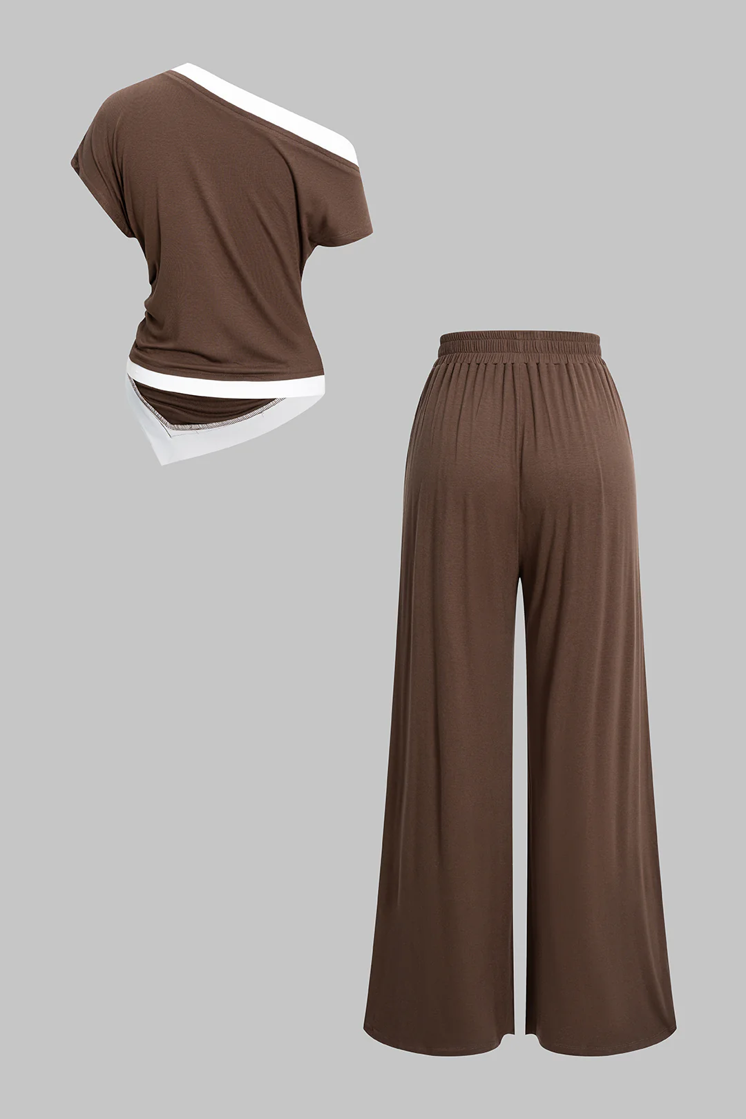 Asymmetrical Ruched Short-Sleeve Top And Shirred Waistband Pants Set - Image 2