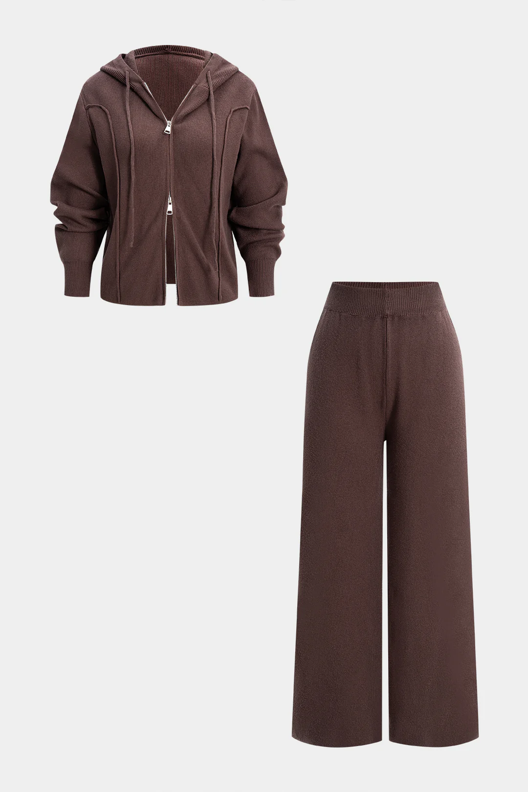 Knit Zipper Hooded Sweater Caedigan And Wide Leg Pants Set