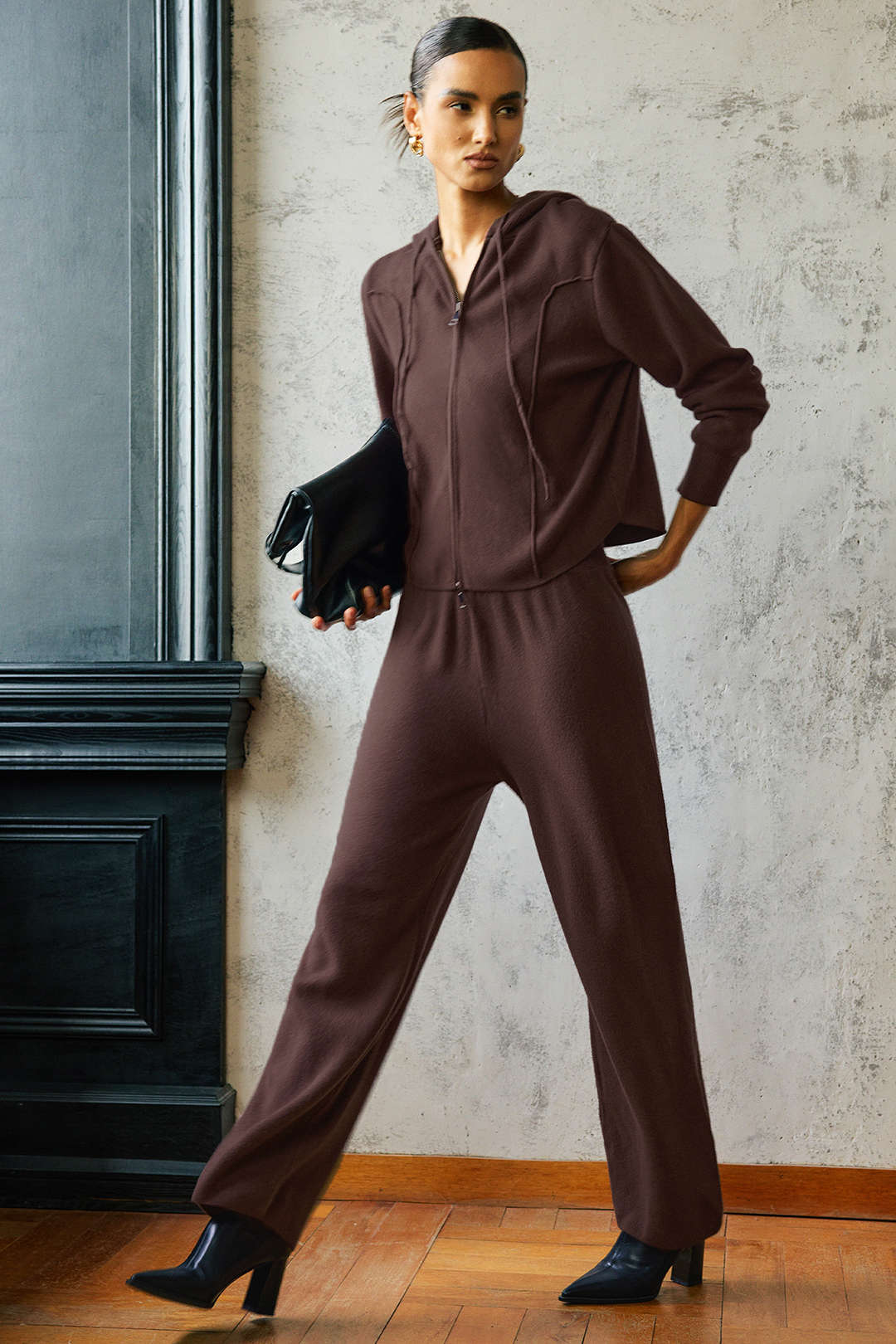 Knit Zipper Hooded Sweater Caedigan And Wide Leg Pants Set - Image 2