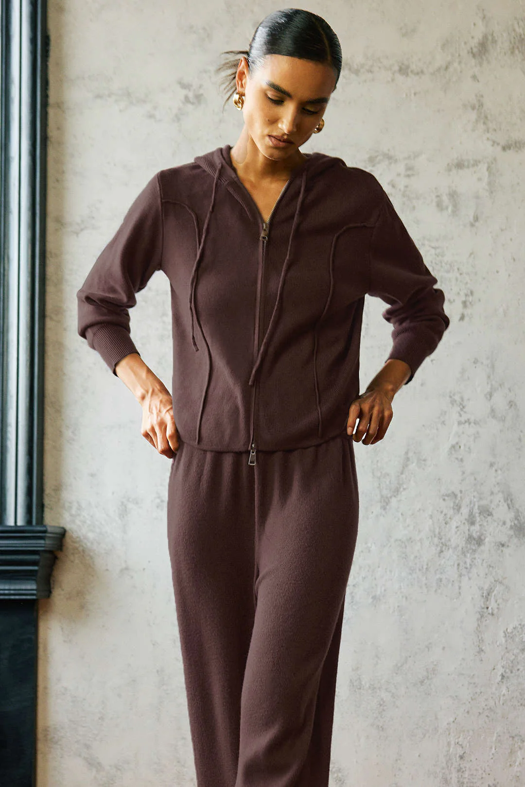 Knit Zipper Hooded Sweater Caedigan And Wide Leg Pants Set - Image 3