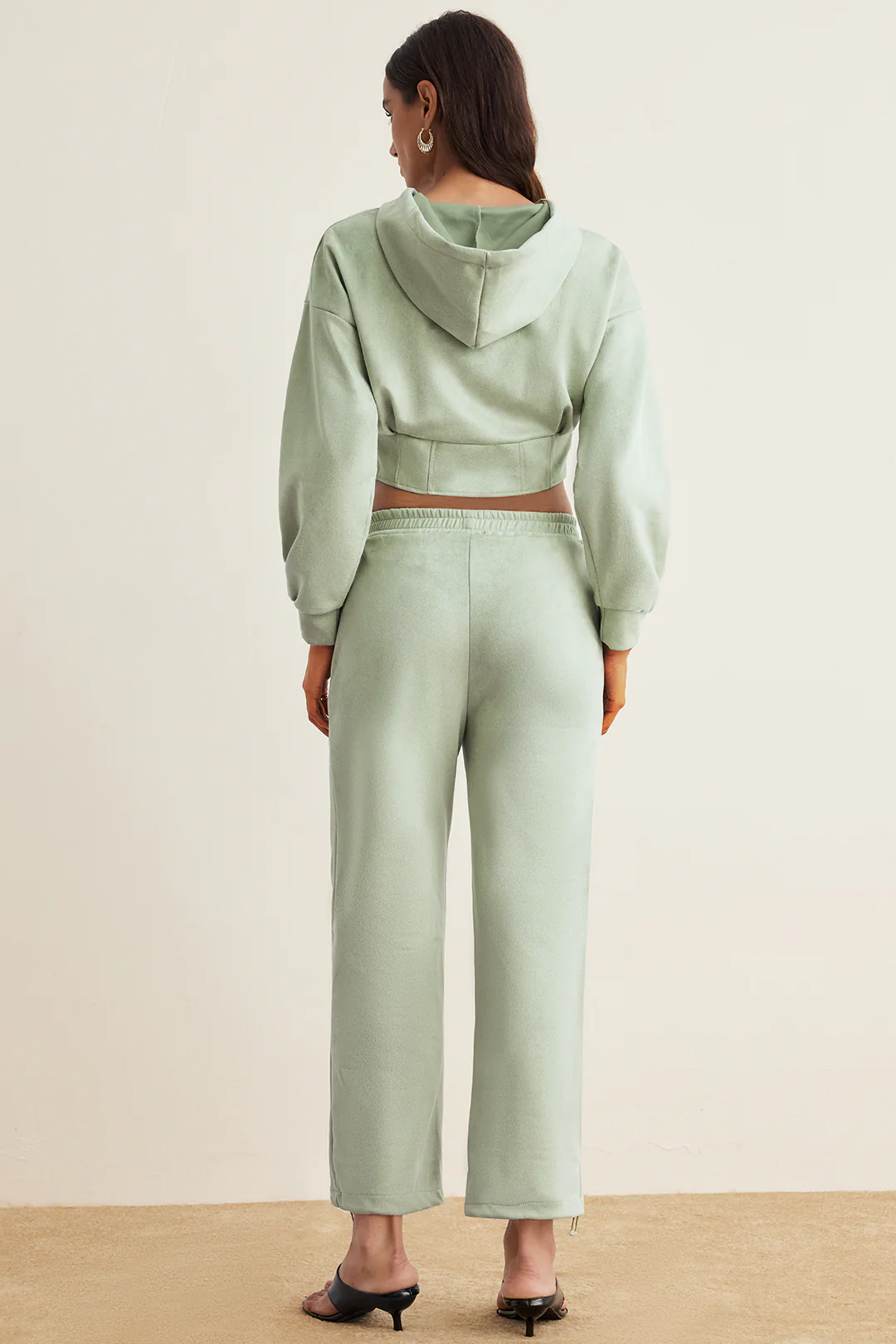 Suede Zipper Waist-Cinching Hoodie And Shirred Waistband Pants Set - Image 2