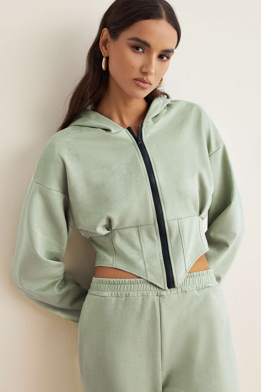 Suede Zipper Waist-Cinching Hoodie And Shirred Waistband Pants Set - Image 3
