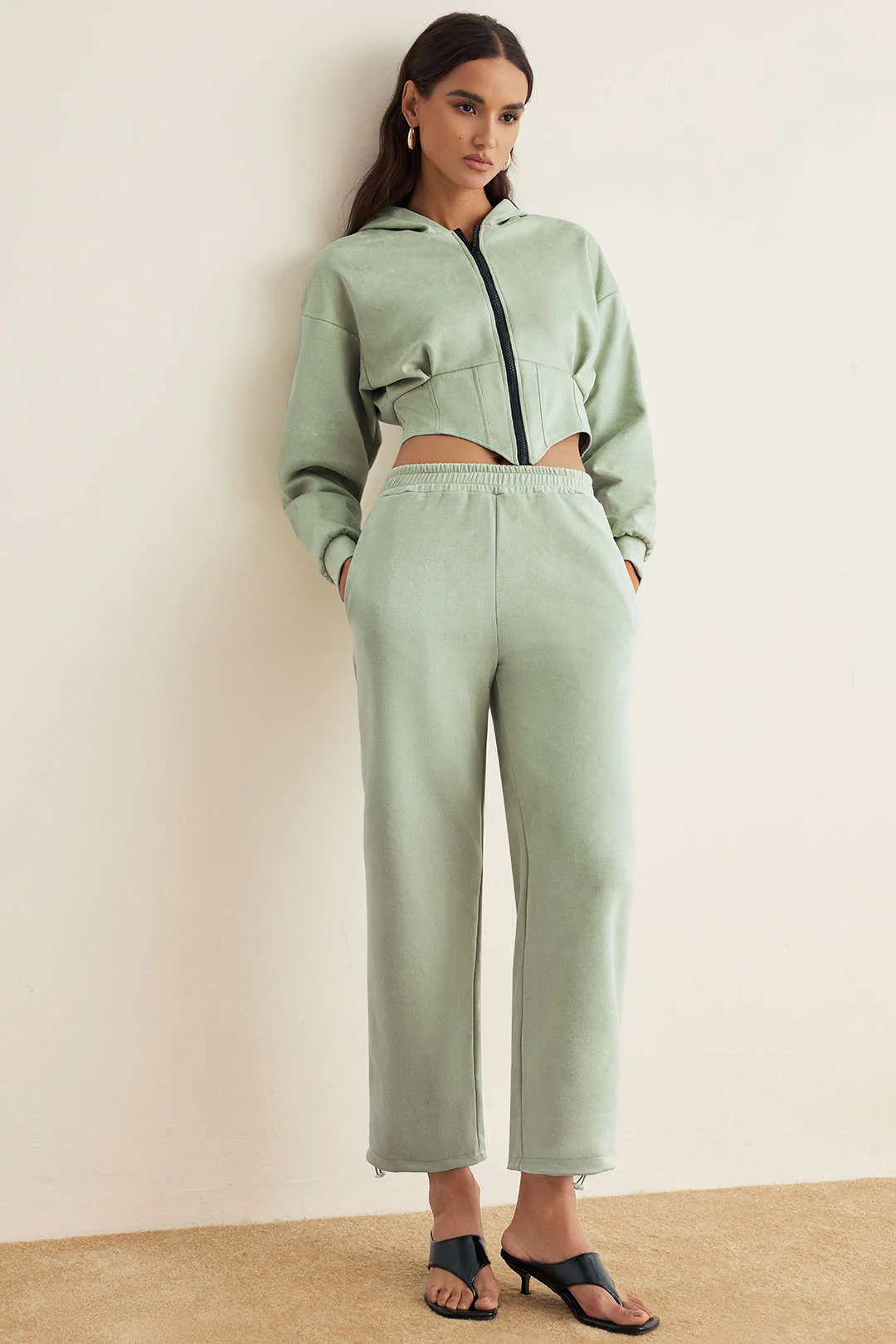 Suede Zipper Waist-Cinching Hoodie And Shirred Waistband Pants Set - Image 4