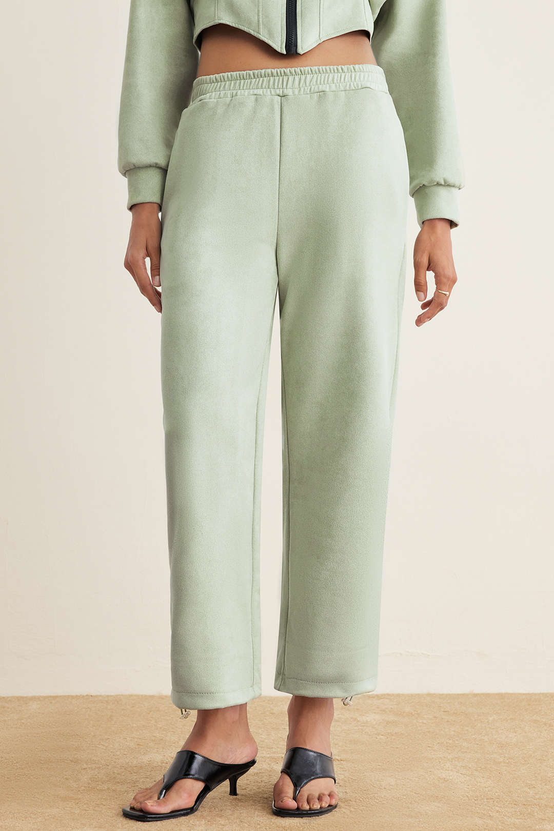 Suede Zipper Waist-Cinching Hoodie And Shirred Waistband Pants Set - Image 6