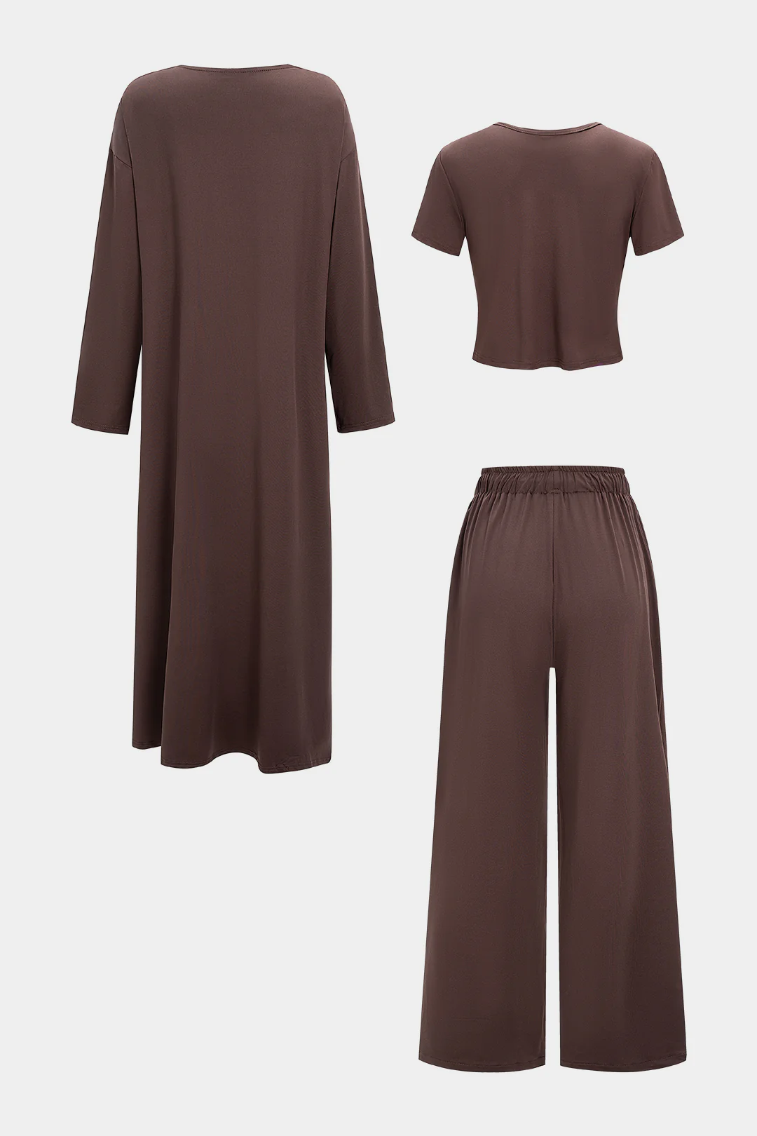 Solid Long Cardigan And Short-Sleeve Top And Drawstring High Waist Pants Set - Image 2