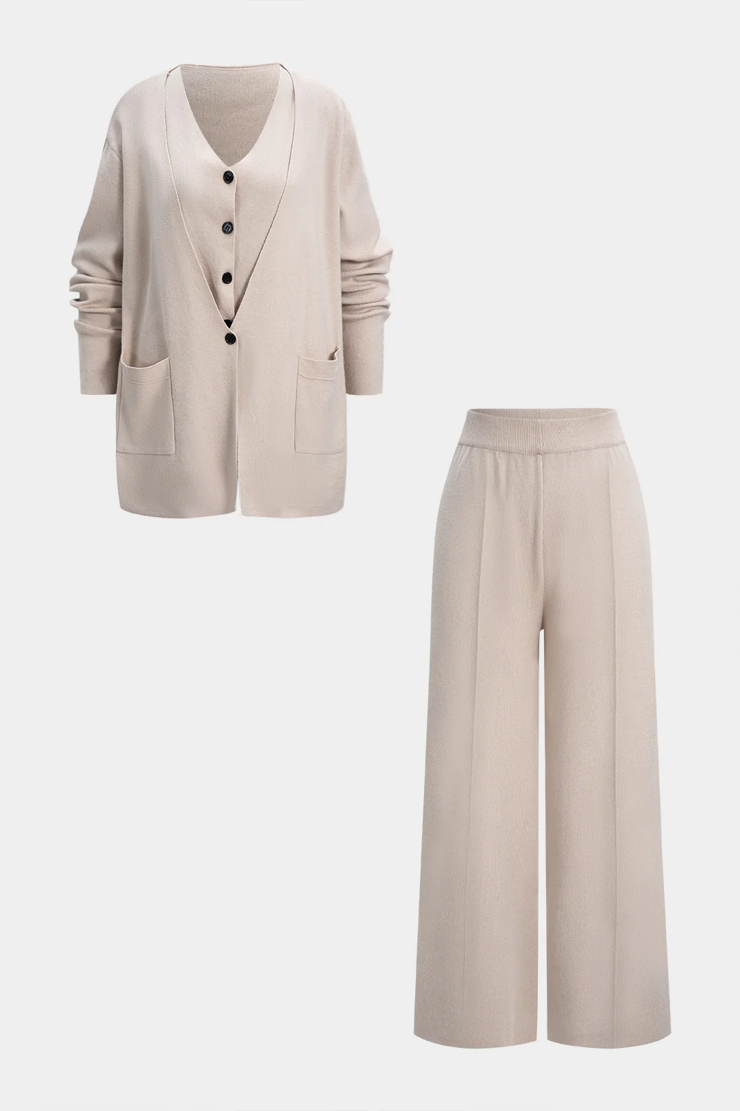 Knit Button Vest And Long Cardigan And Wide Leg Pants Set